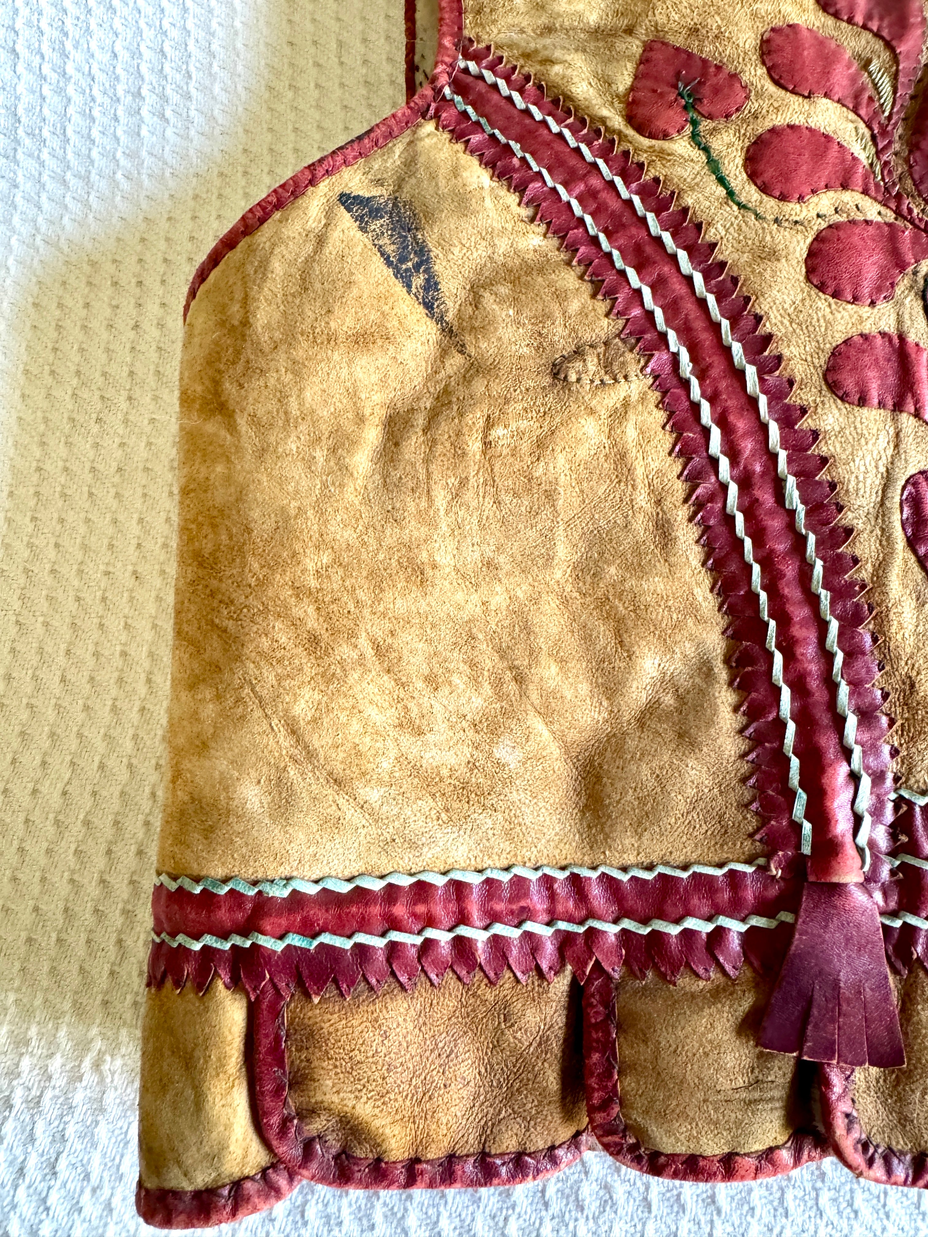 Early 1900's East European Leather & Sheepskin Fur Waistcoat ~ Leather Floral Design Fur Lined Vest