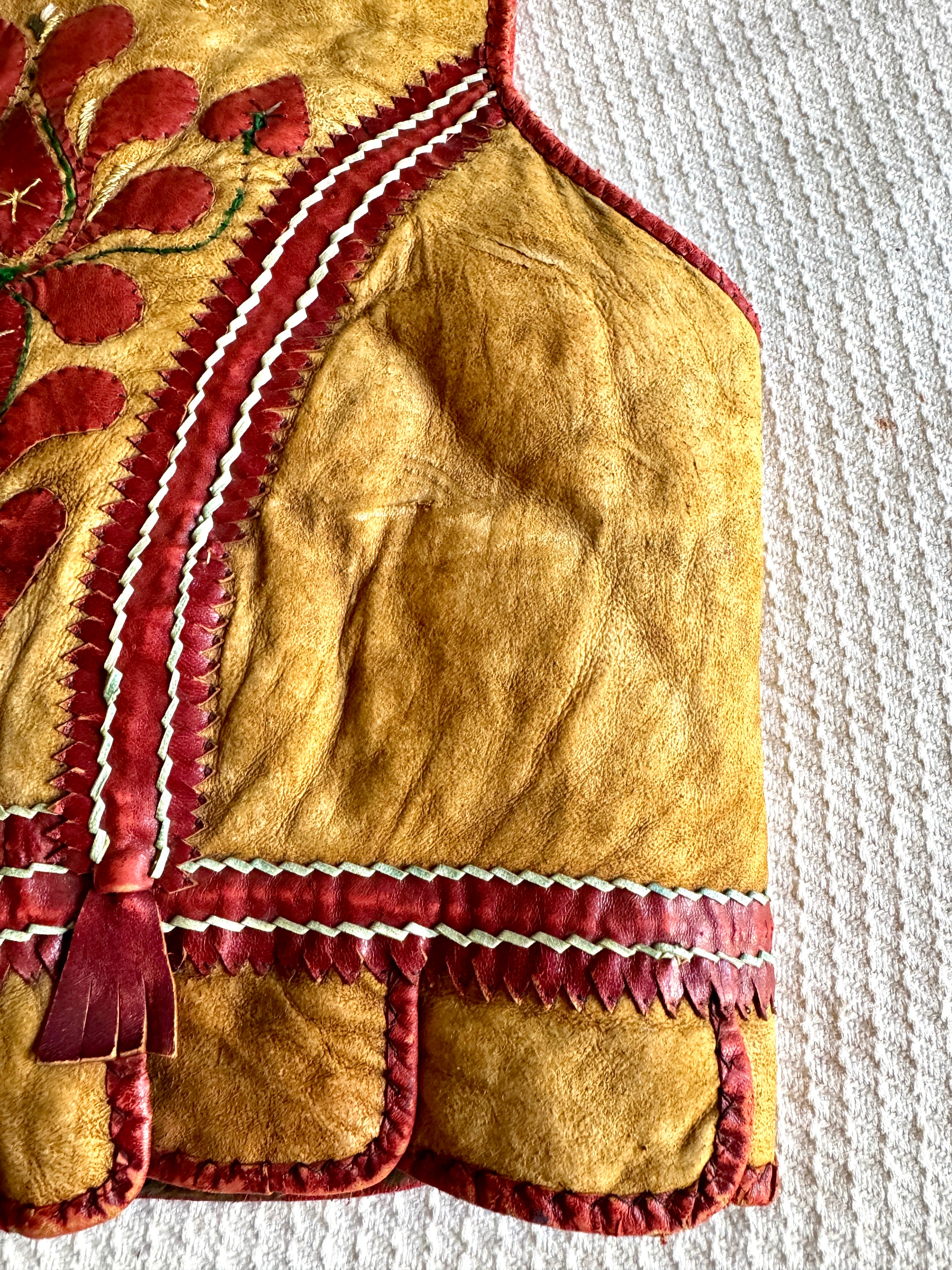 Early 1900's East European Leather & Sheepskin Fur Waistcoat ~ Leather Floral Design Fur Lined Vest