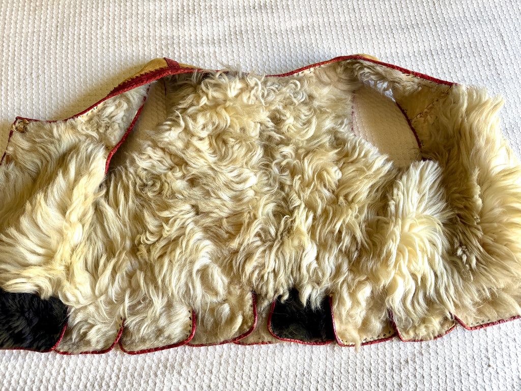 Early 1900's East European Leather & Sheepskin Fur Waistcoat ~ Leather Floral Design Fur Lined Vest