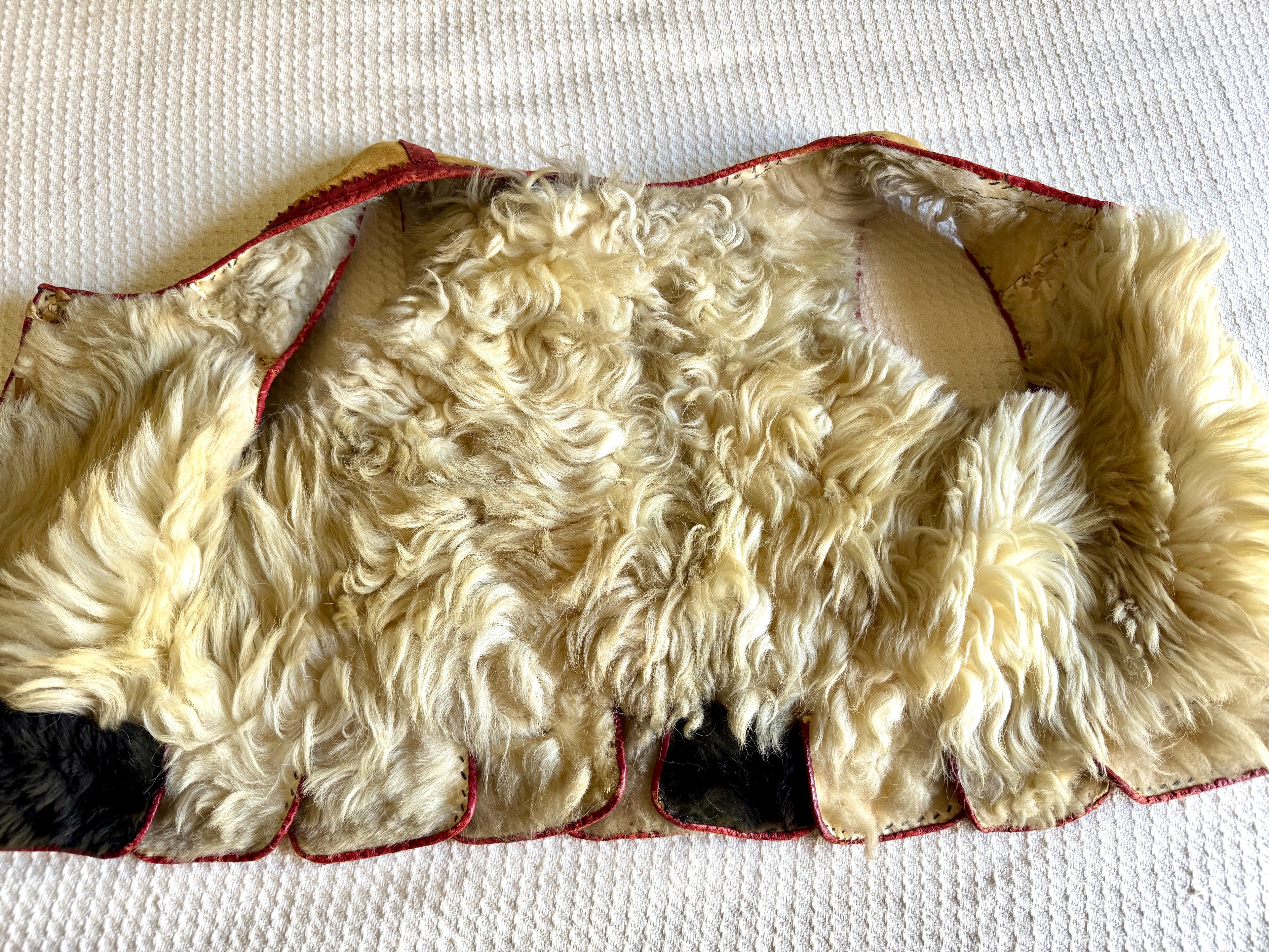 Early 1900's East European Leather & Sheepskin Fur Waistcoat ~ Leather Floral Design Fur Lined Vest