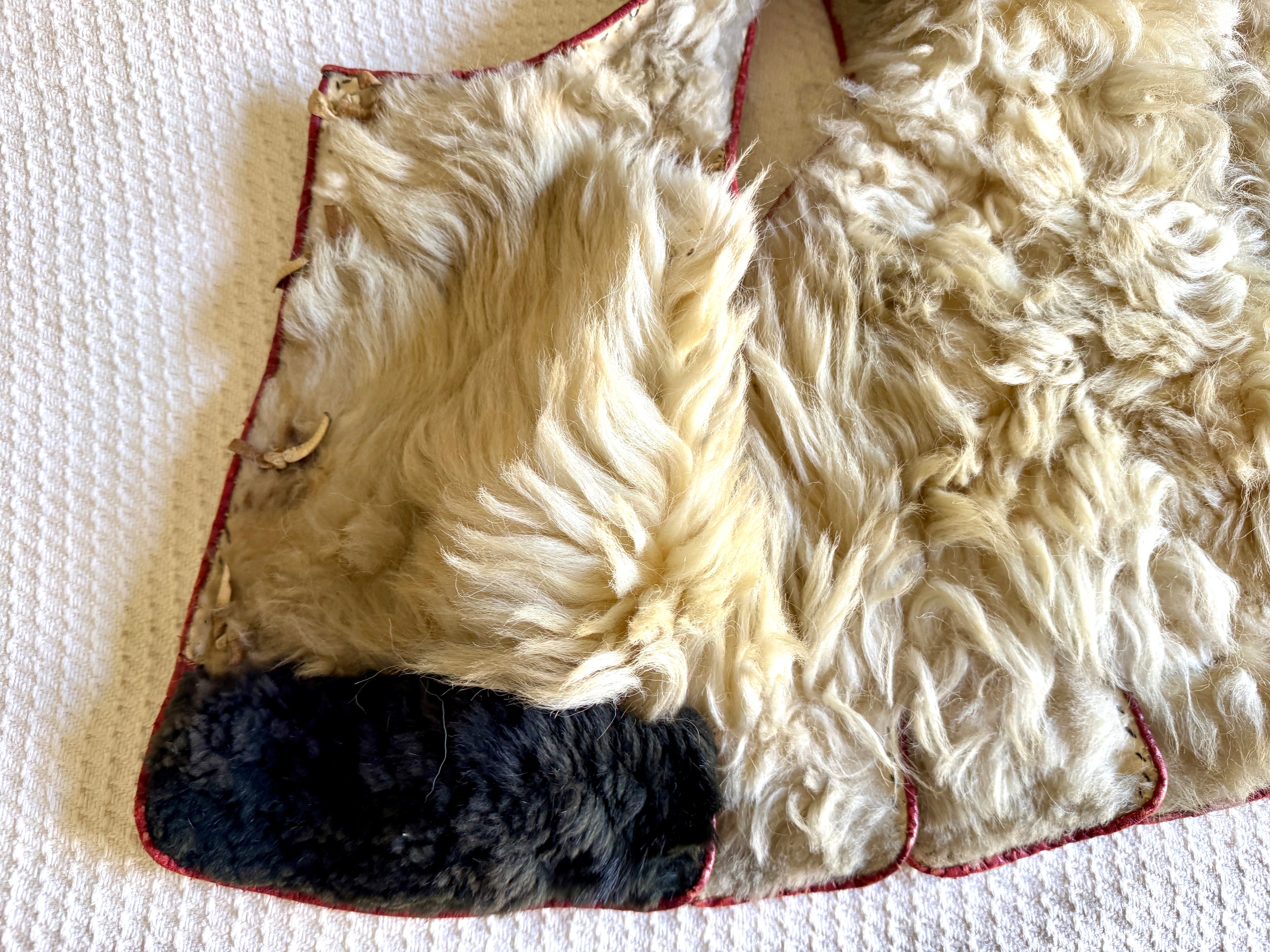Early 1900's East European Leather & Sheepskin Fur Waistcoat ~ Leather Floral Design Fur Lined Vest
