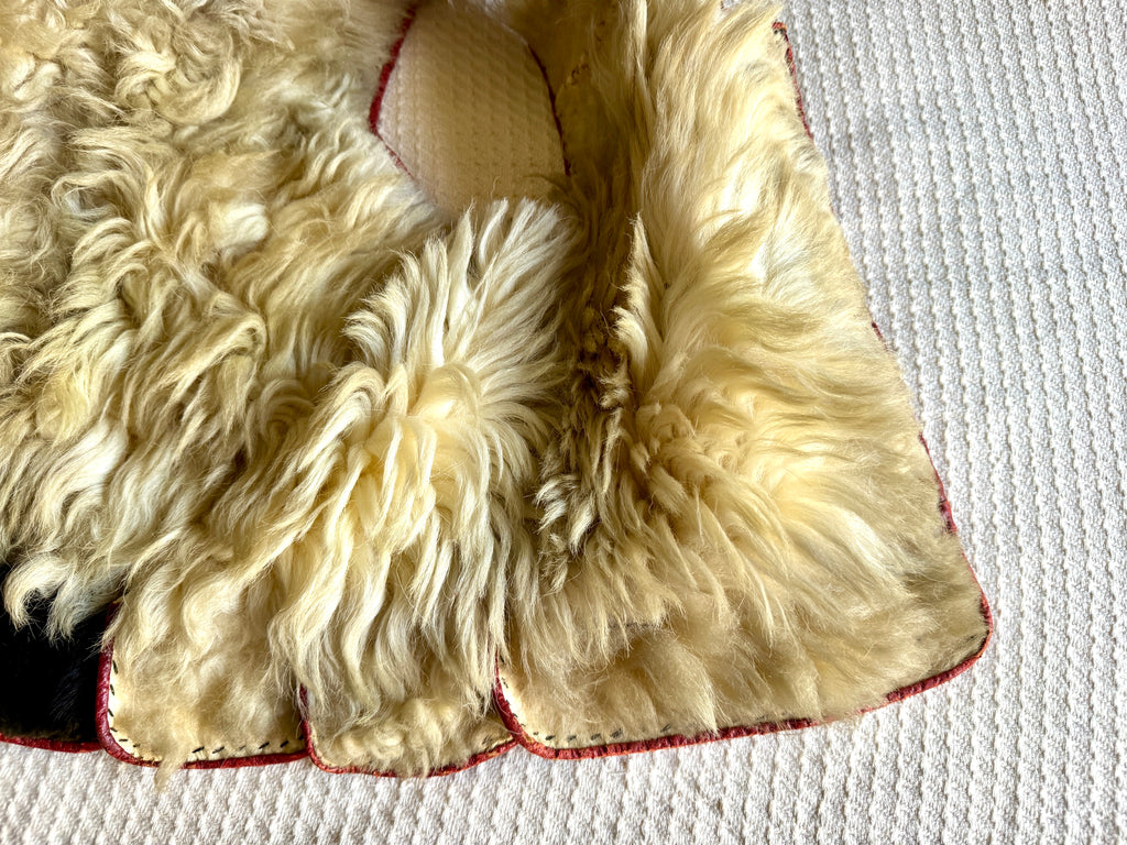 Early 1900's East European Leather & Sheepskin Fur Waistcoat ~ Leather Floral Design Fur Lined Vest
