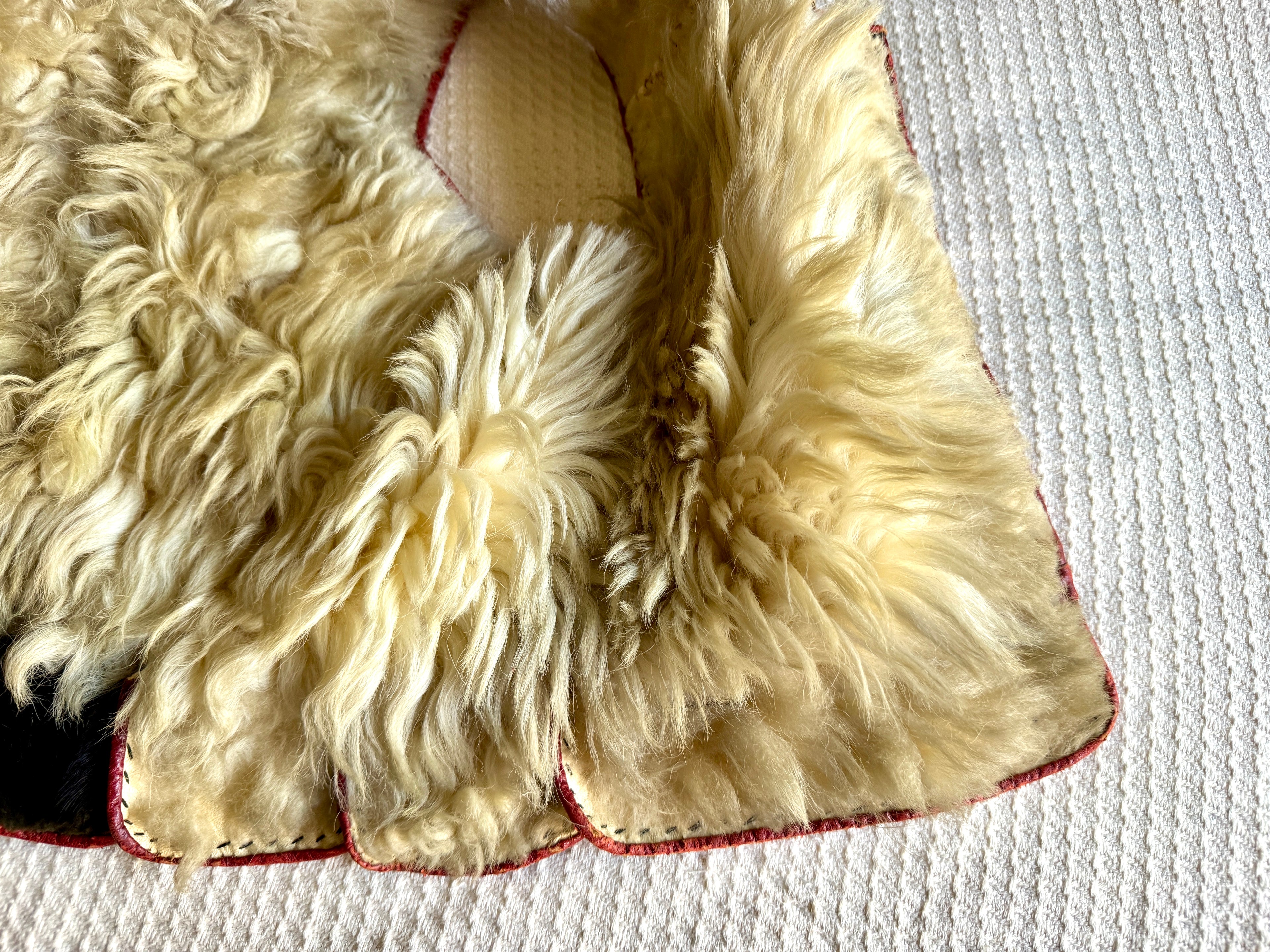 Early 1900's East European Leather & Sheepskin Fur Waistcoat ~ Leather Floral Design Fur Lined Vest