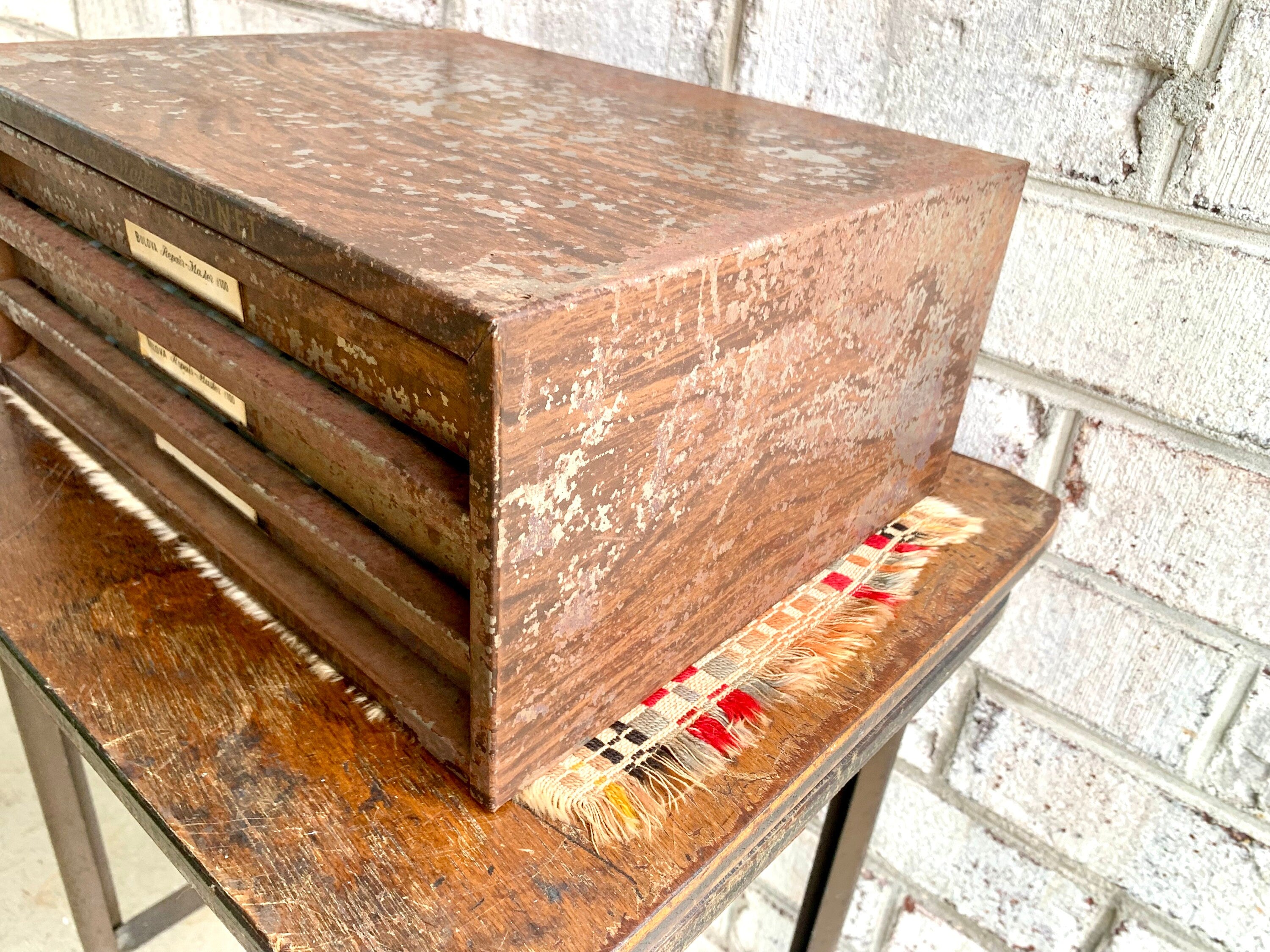 Bulova Repair-Master Cabinet With Contents | Vintage 3 Drawer Bulova Watch Repair Parts and Cabinet | Distressed Bulova Parts Cabinet