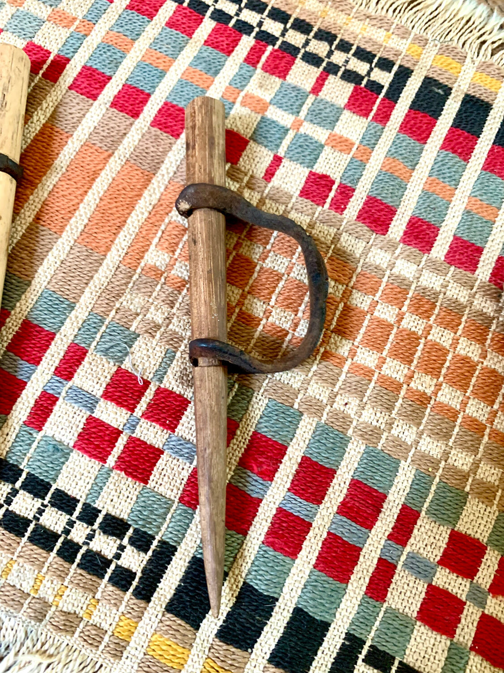 Antique Primitive Wood Corn Husking Pegs | Wood Handheld Corn Huskers with Original Leather Thumb Straps | Tradition Hand Made Corn Huskers