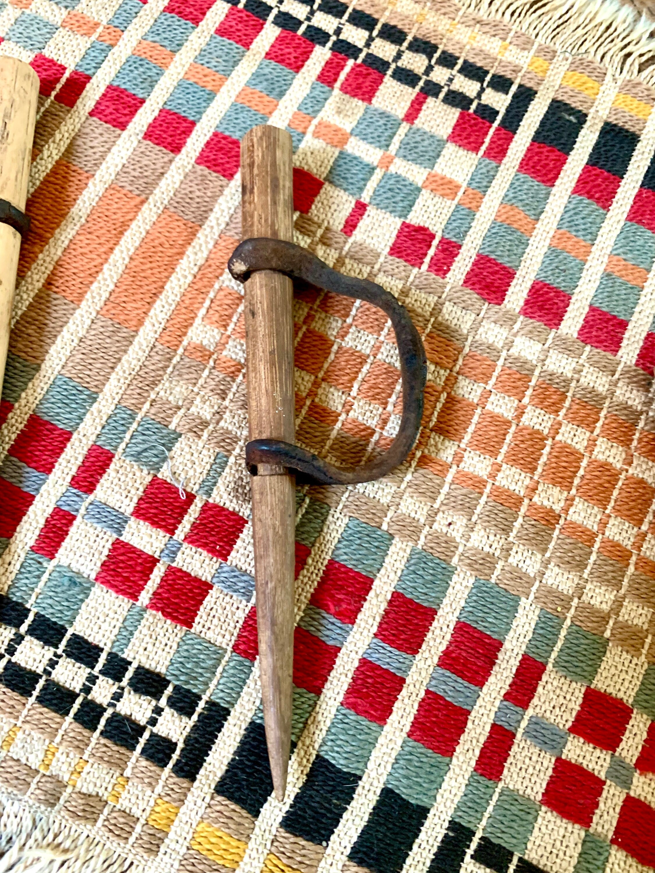 Antique Primitive Wood Corn Husking Pegs | Wood Handheld Corn Huskers with Original Leather Thumb Straps | Tradition Hand Made Corn Huskers