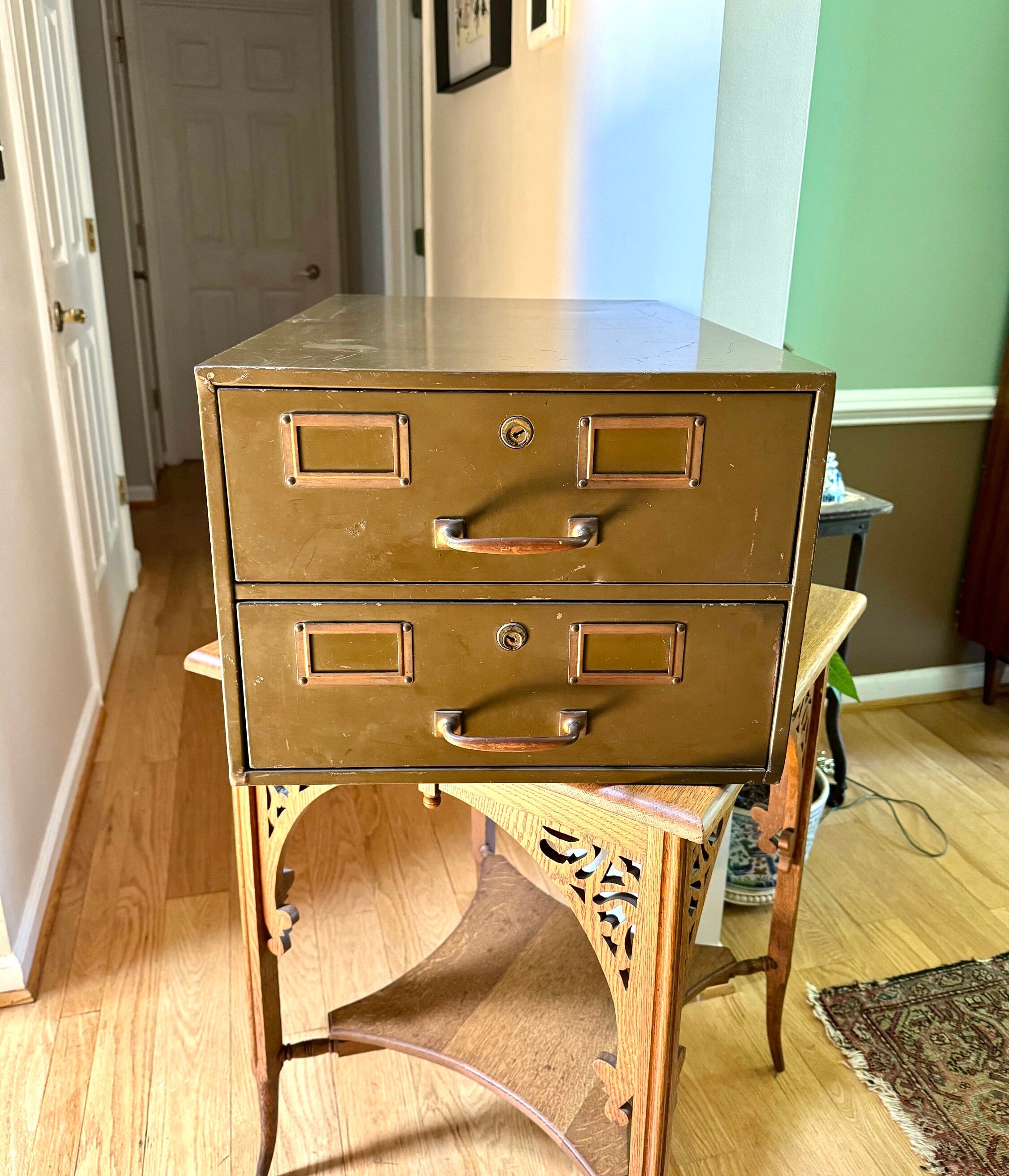 Vintage Rustic Large Industrial Filing Cabinet | Green Metal Index Card Cabinet | Two Drawer Storage | Industrial Storage Bin | File Cabinet