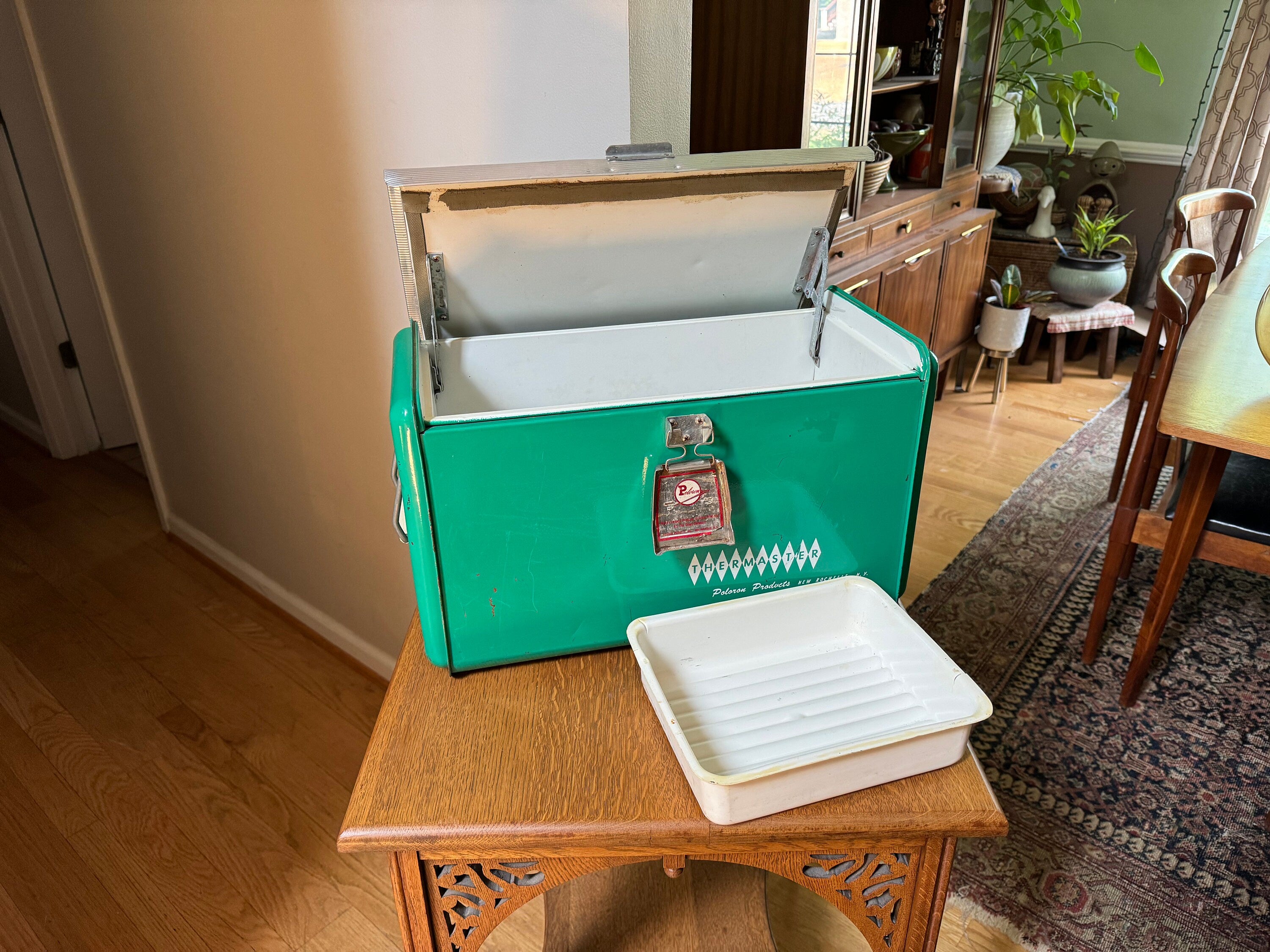 Vintage Poloron Products Cooler | Distressed Green Poloron Thermaster Metal Cooler With Tray | Metal Camping Cooler | Rustic Cooler
