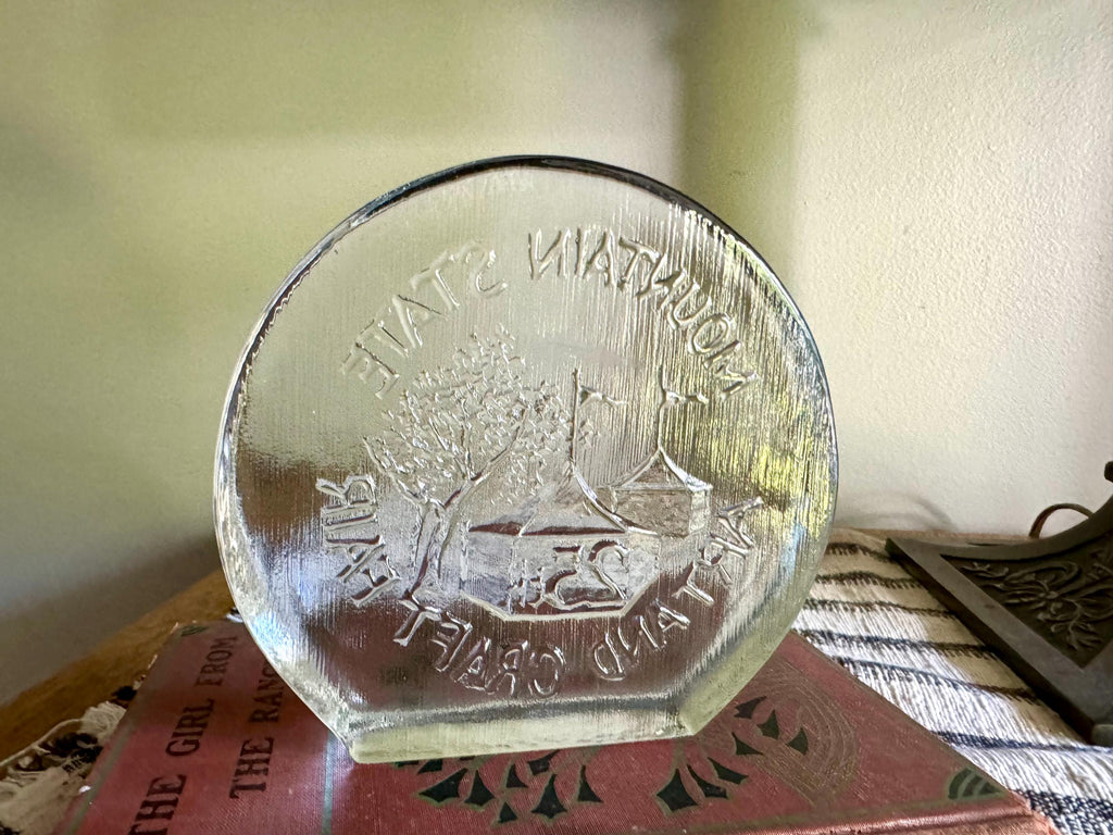 Vtg Mountain State Blenko Ice Round Glass Block Bookend| Clear Solid Glass Mountain State Paperweight | Blenko Bookend Art & Craft Fair