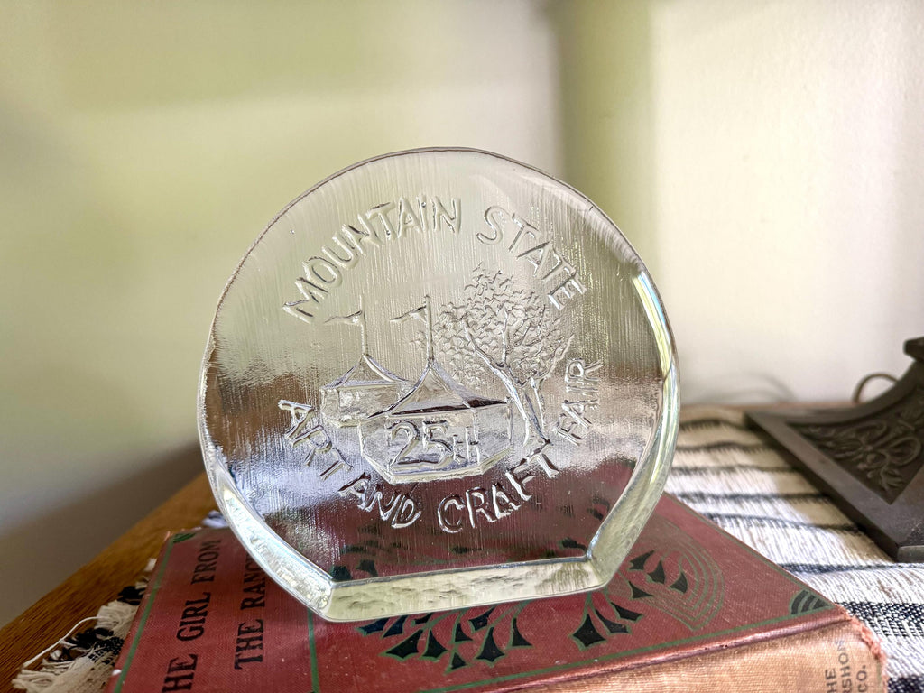 Vtg Mountain State Blenko Ice Round Glass Block Bookend| Clear Solid Glass Mountain State Paperweight | Blenko Bookend Art & Craft Fair