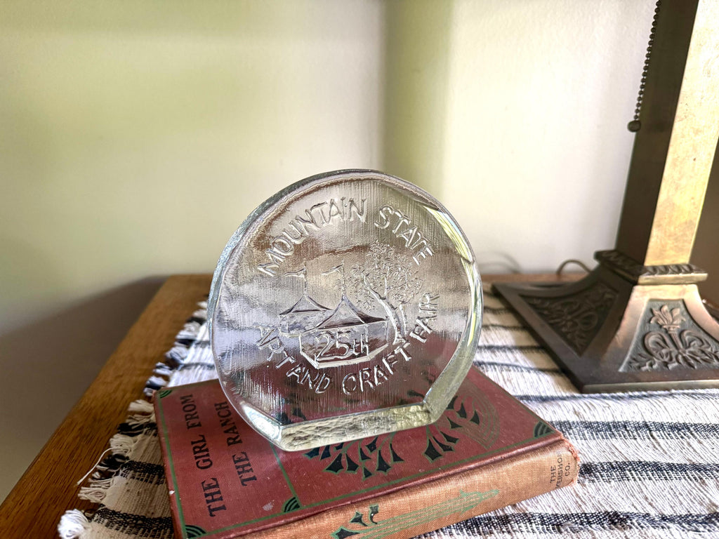 Vtg Mountain State Blenko Ice Round Glass Block Bookend| Clear Solid Glass Mountain State Paperweight | Blenko Bookend Art & Craft Fair