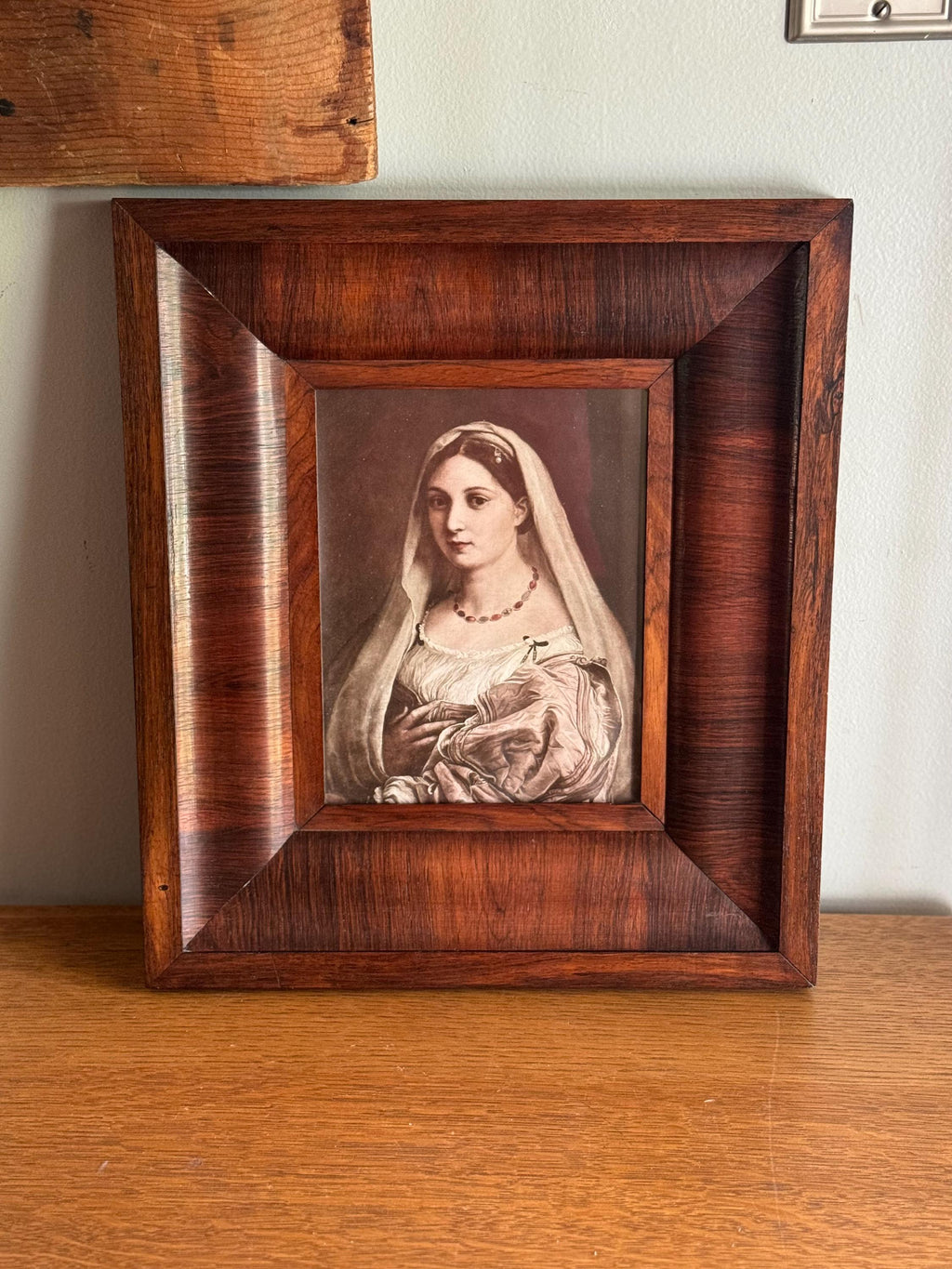 Raphael's "La Donna Velata" Print In Wood Frame | Vtg Donna Veleta Renaissance Print In Wood Frame | Antique Wood Frame with Raphael Print
