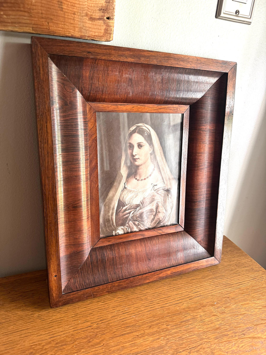 Raphael's "La Donna Velata" Print In Wood Frame | Vtg Donna Veleta Renaissance Print In Wood Frame | Antique Wood Frame with Raphael Print