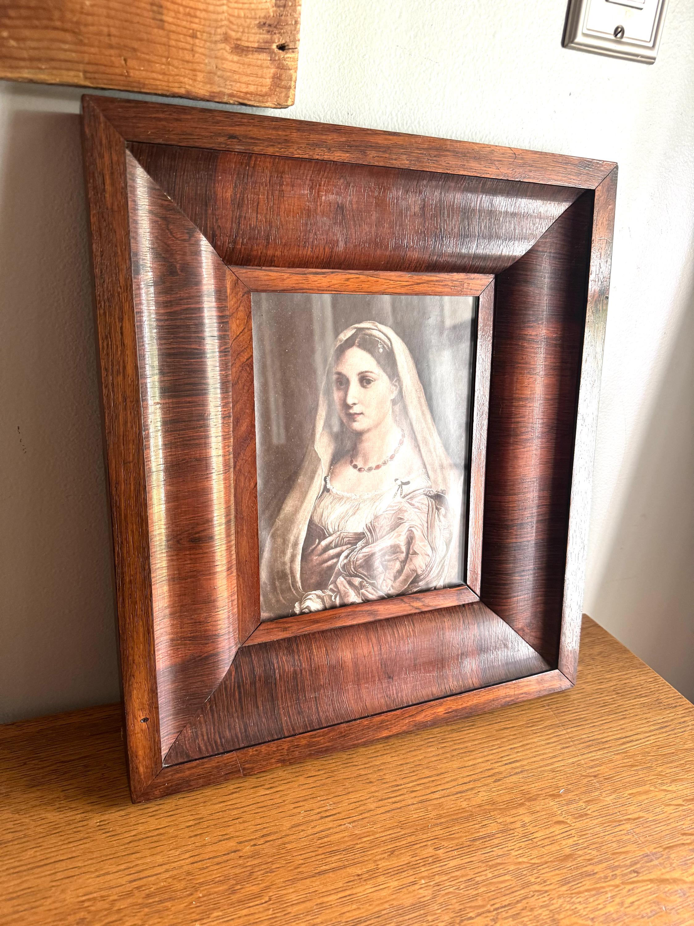 Raphael's "La Donna Velata" Print In Wood Frame | Vtg Donna Veleta Renaissance Print In Wood Frame | Antique Wood Frame with Raphael Print