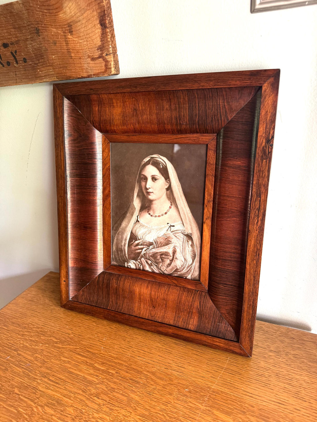 Raphael's "La Donna Velata" Print In Wood Frame | Vtg Donna Veleta Renaissance Print In Wood Frame | Antique Wood Frame with Raphael Print