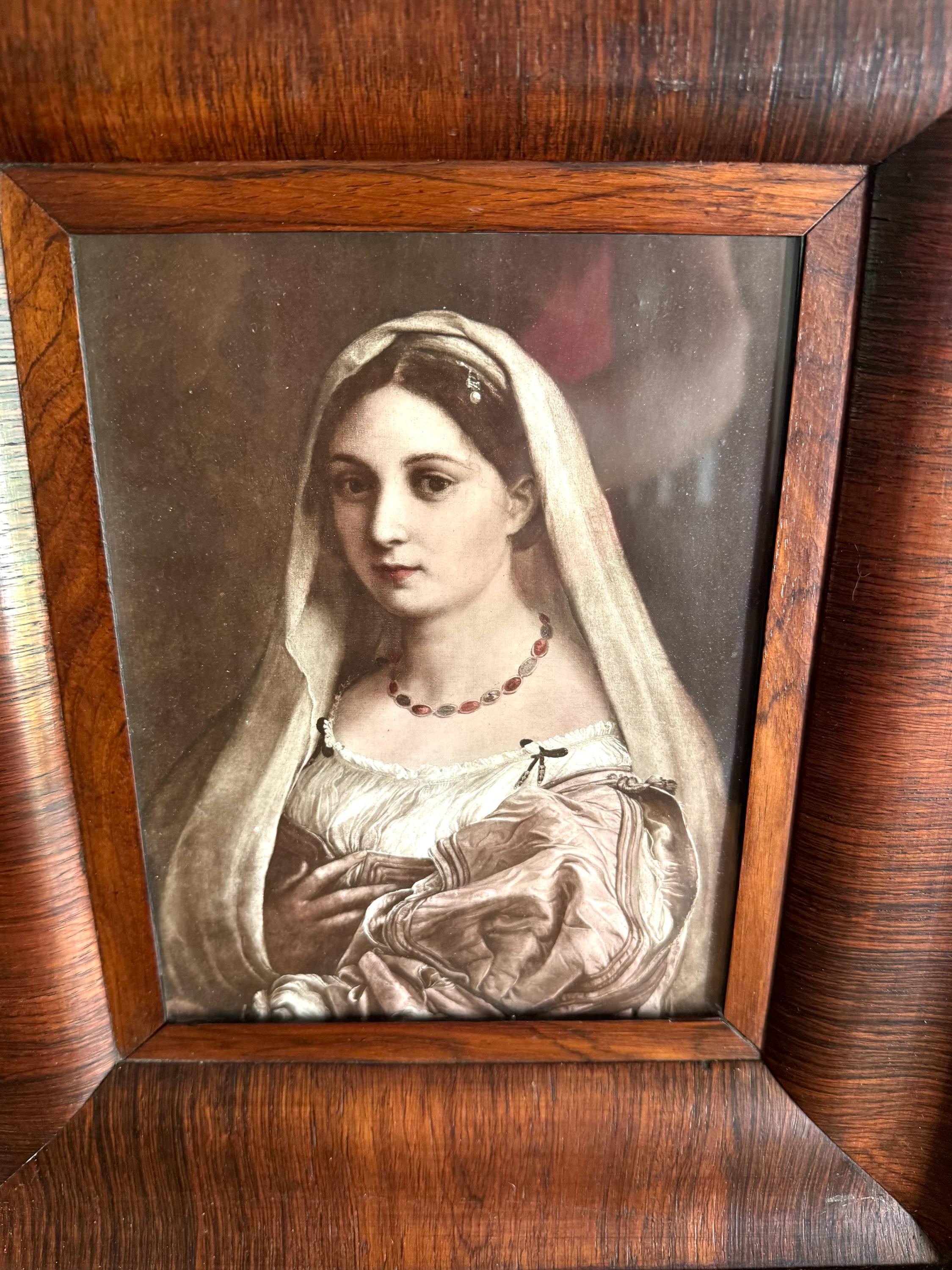 Raphael's "La Donna Velata" Print In Wood Frame | Vtg Donna Veleta Renaissance Print In Wood Frame | Antique Wood Frame with Raphael Print