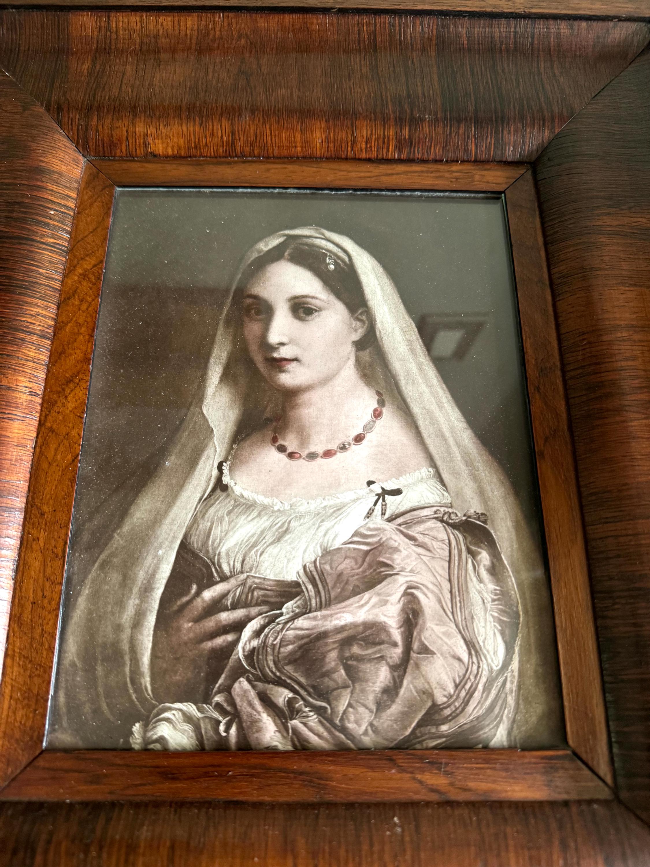 Raphael's "La Donna Velata" Print In Wood Frame | Vtg Donna Veleta Renaissance Print In Wood Frame | Antique Wood Frame with Raphael Print