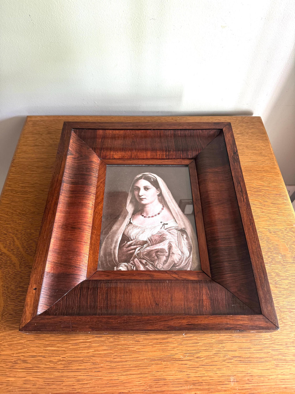 Raphael's "La Donna Velata" Print In Wood Frame | Vtg Donna Veleta Renaissance Print In Wood Frame | Antique Wood Frame with Raphael Print