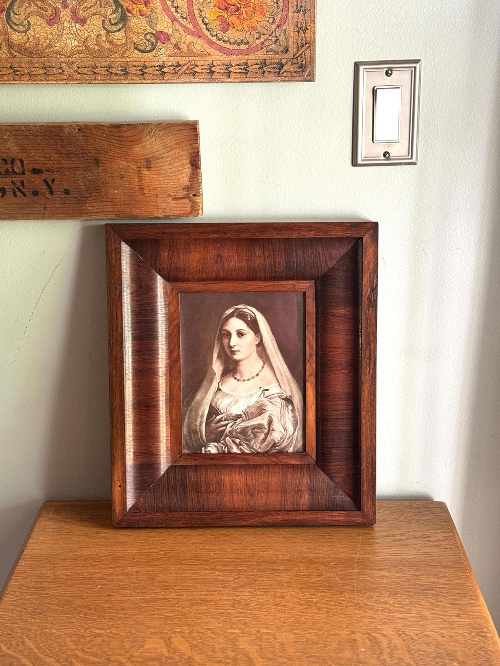 Raphael's "La Donna Velata" Print In Wood Frame | Vtg Donna Veleta Renaissance Print In Wood Frame | Antique Wood Frame with Raphael Print