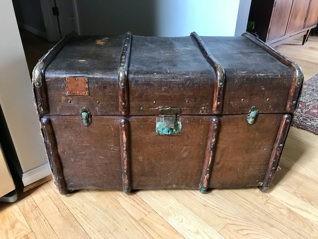 Antique Curved Chest | Canvas Steamer Trunk | Treasure Chest | Rustic Storage | Antique Steamer Chest