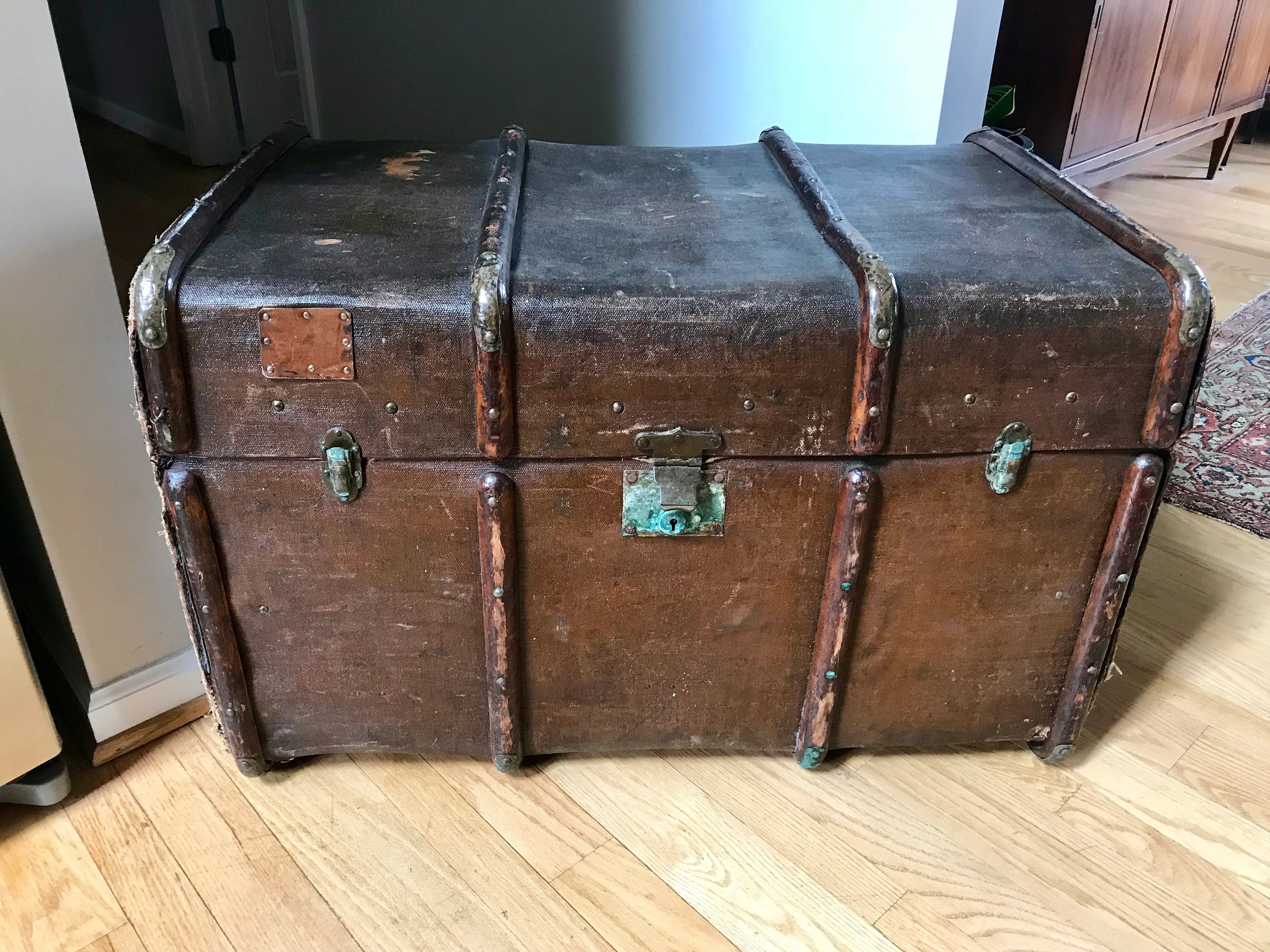 Antique Curved Chest | Canvas Steamer Trunk | Treasure Chest | Rustic Storage | Antique Steamer Chest