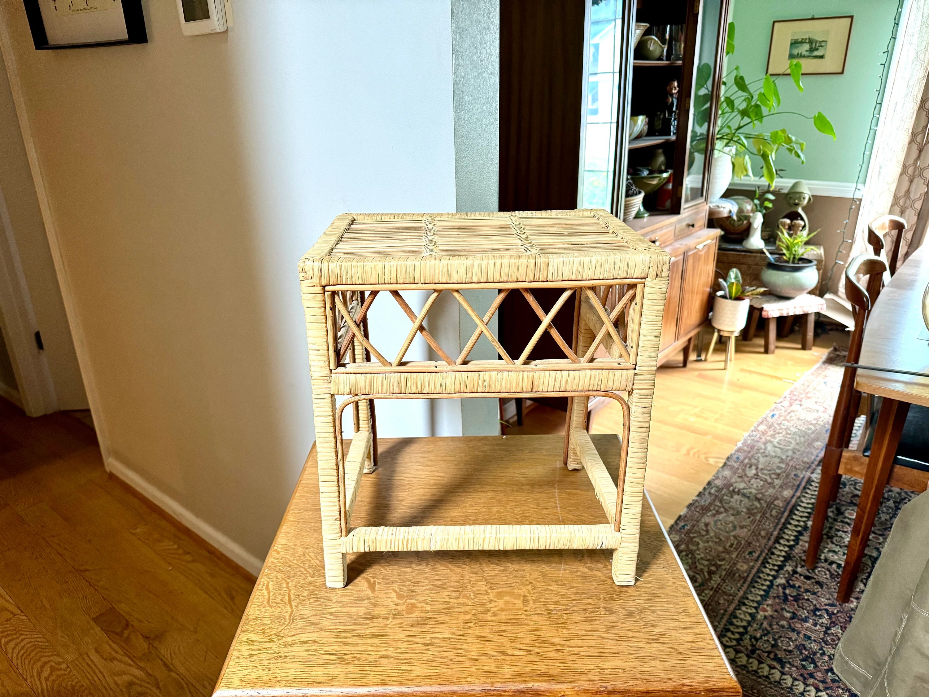 Vintage Small Wicker End Table | Small Wicker Plant Stand | Wicker Night Stand | Small Rattan Table