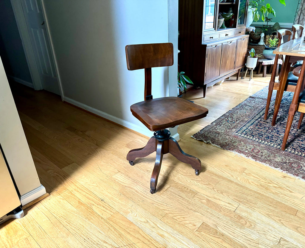 Vintage Solid Wood Desk Chair | Wooden Swivel Chair | Sikes Co. Wood Industrial Chair | Old Library Chair| Rustic Caster Chair | Adjustable Chair