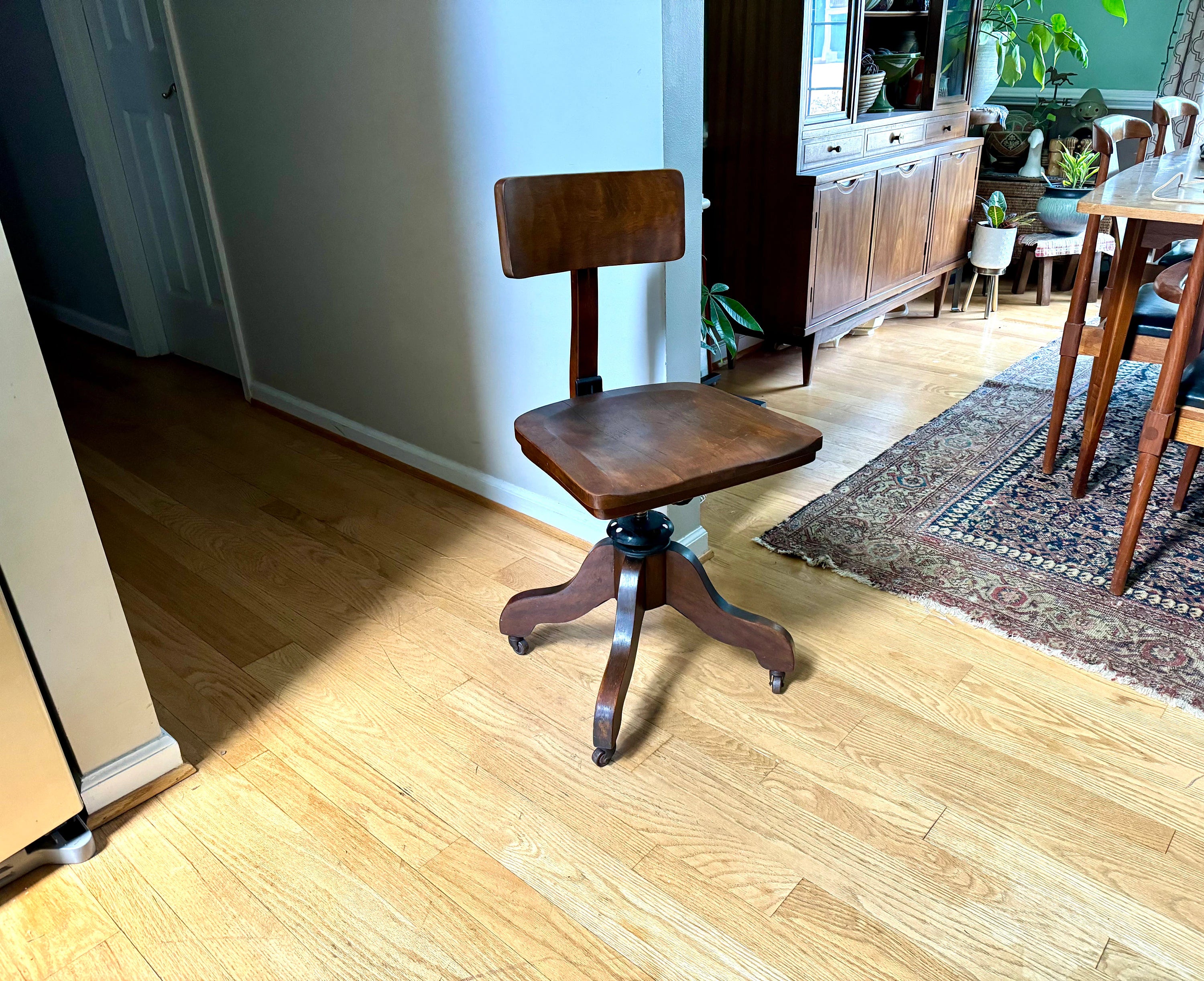Vintage Solid Wood Desk Chair | Wooden Swivel Chair | Sikes Co. Wood Industrial Chair | Old Library Chair| Rustic Caster Chair | Adjustable Chair