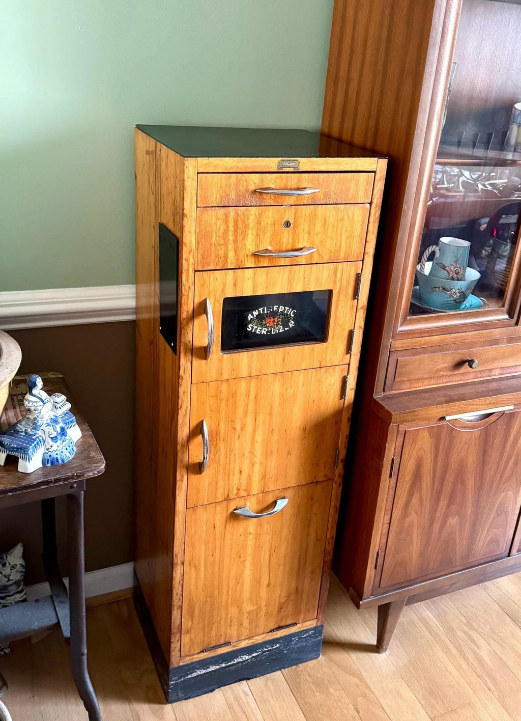 Vtg Tall Medical Sterilizer Cabinet Tower | Wood Sterilizer Cabinet | Raidar Antiseptic Barber Cabinet | Tall Bar Cabinet