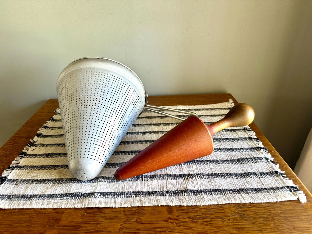 Vtg Sieve Strainer | Wearever Aluminum Canning Strainer and Wood Pestle | Coned Canner 1950'S Cookware | Retro Kitchen