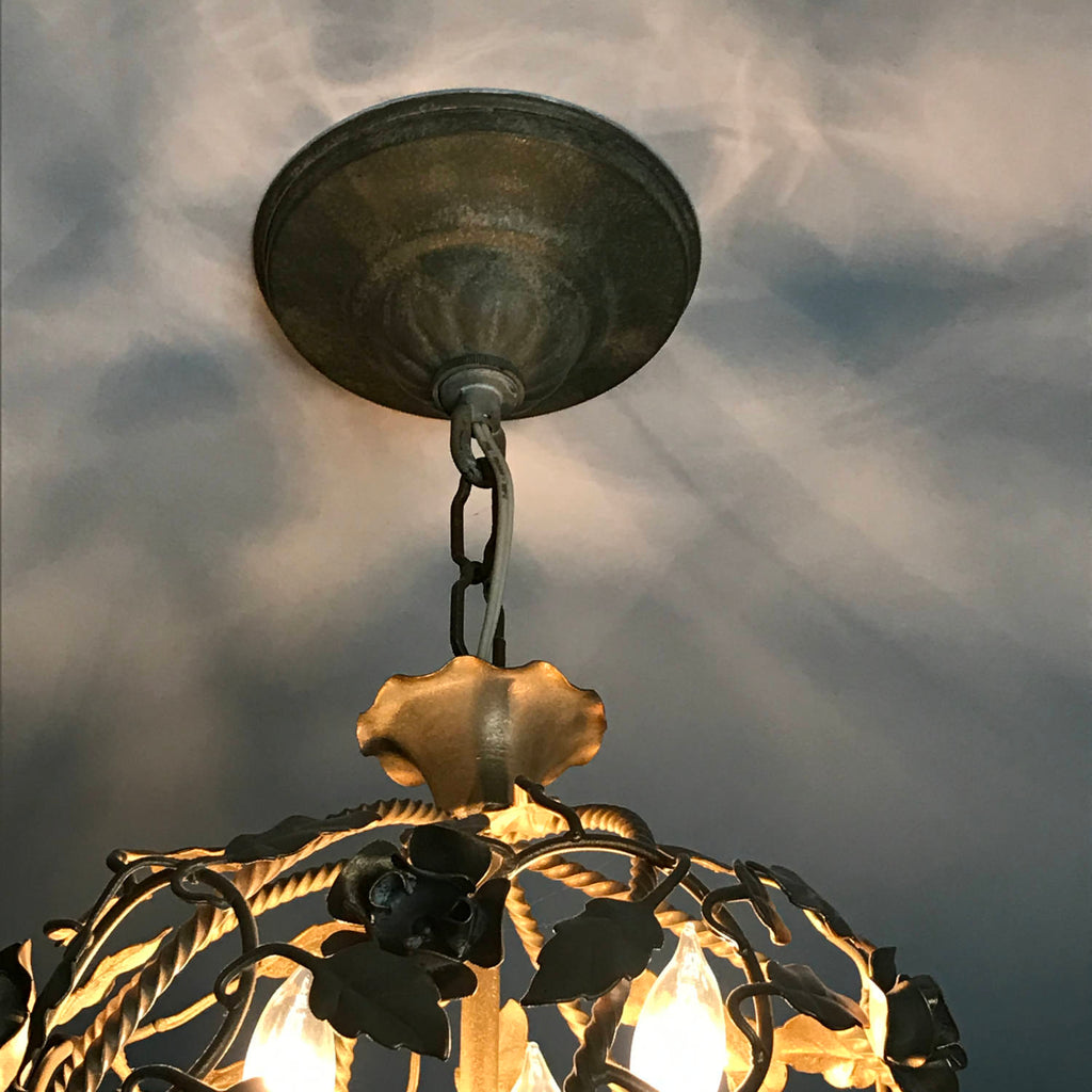 1950's Italian Gilt Style Chandelier | Vtg Italian Gilt Style Tole | Floral Vine Cluster Tole | Retro Floral Pendant | Nest Style Light