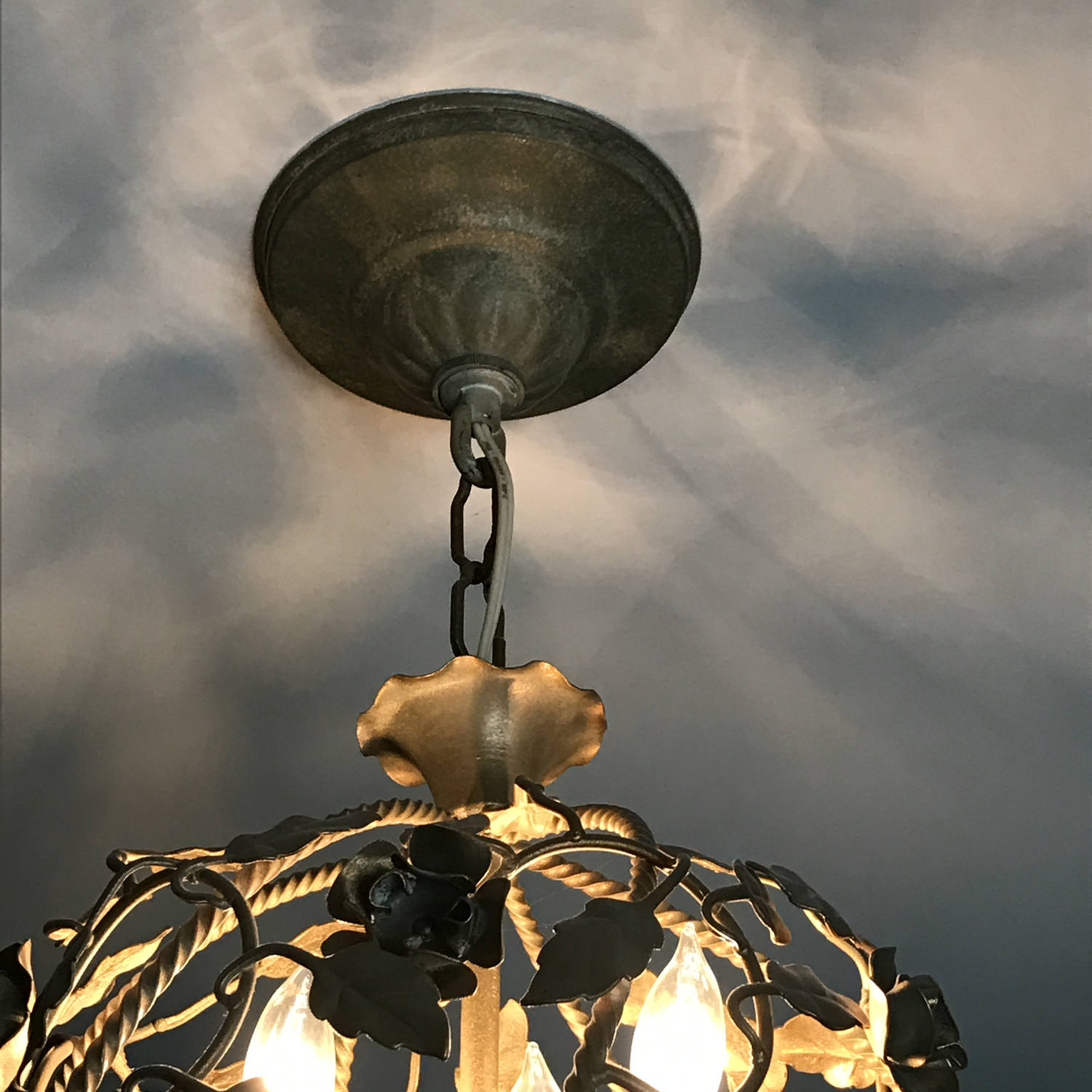 1950's Italian Gilt Style Chandelier | Vtg Italian Gilt Style Tole | Floral Vine Cluster Tole | Retro Floral Pendant | Nest Style Light