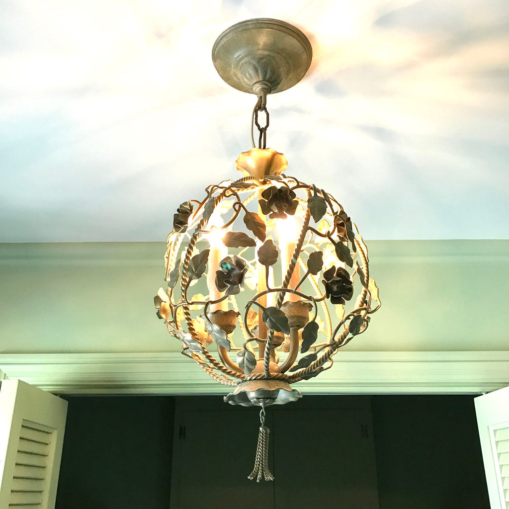 1950's Italian Gilt Style Chandelier | Vtg Italian Gilt Style Tole | Floral Vine Cluster Tole | Retro Floral Pendant | Nest Style Light