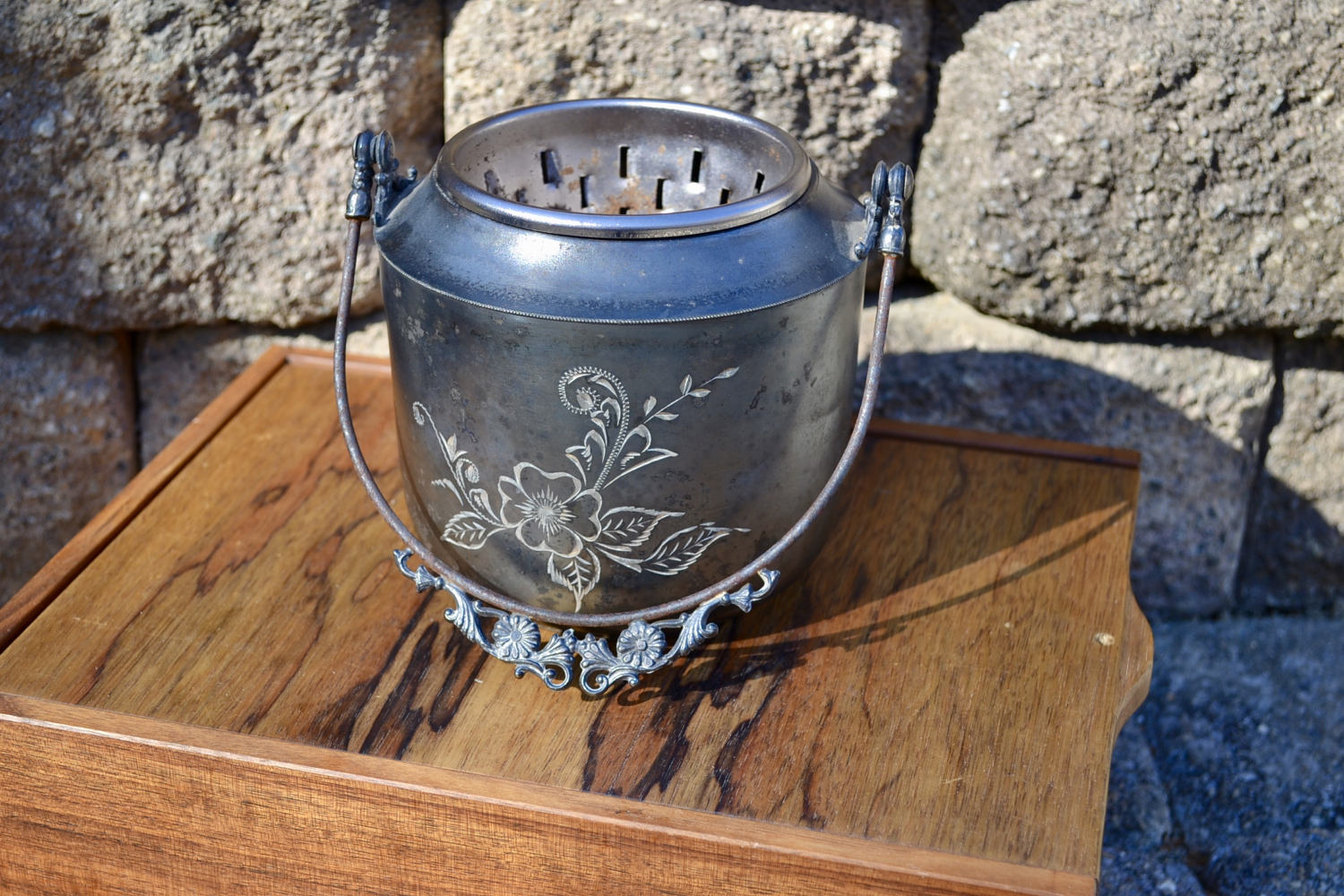 New Amsterdam Silver Co. Quadruple Plated Canister | Quadruple Silver Plated Bucket | Floral Etched Silver Sugar Bowl 1800's Silver Plated