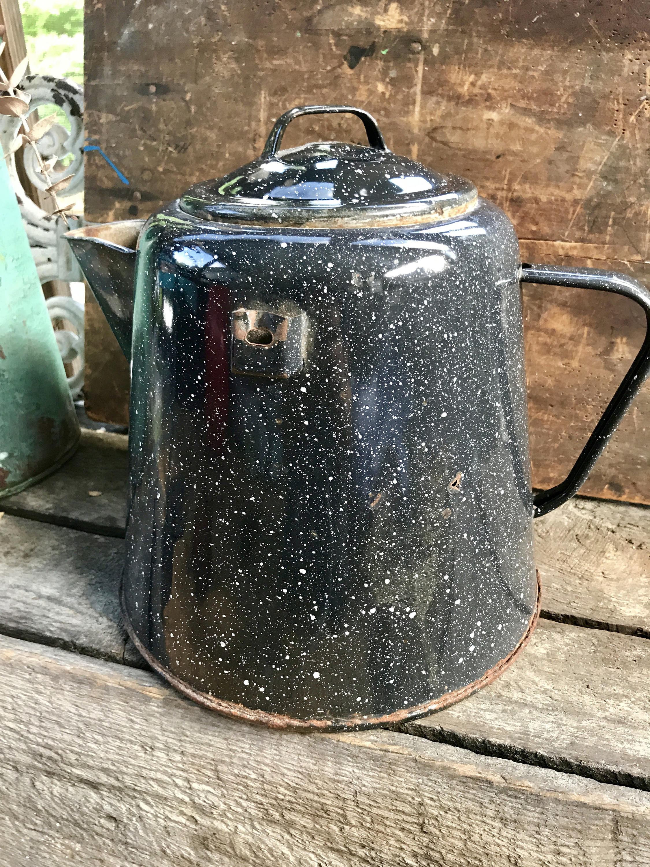 Rustic Graniteware Coffee Pot Planter | Vtg Rustic Plant Holder | Rustic Decor | Farmhouse Decor | Enamelware Planter | Western Decor
