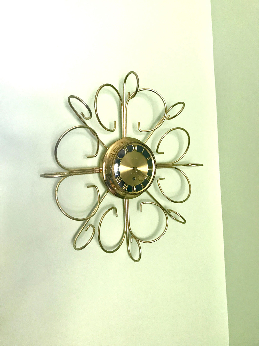 Vtg Retro Starburst Wall Clock | Gold Sunburst Eight Day Wind Up Clock | Mid Century Modern Wall Clock | Brass Retro Modern Wall Clock