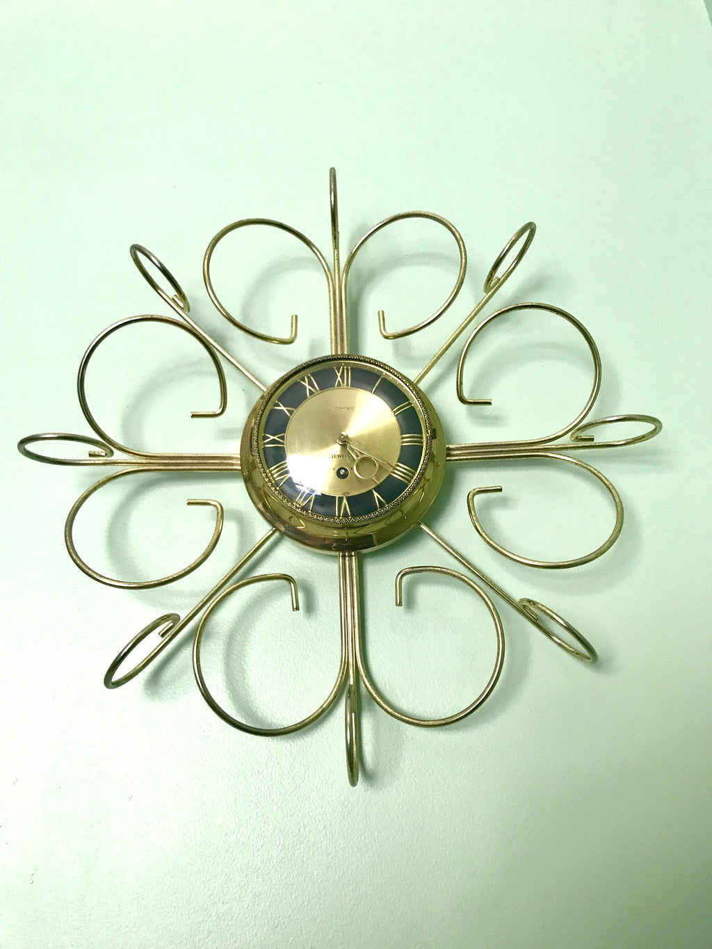 Vtg Retro Starburst Wall Clock | Gold Sunburst Eight Day Wind Up Clock | Mid Century Modern Wall Clock | Brass Retro Modern Wall Clock