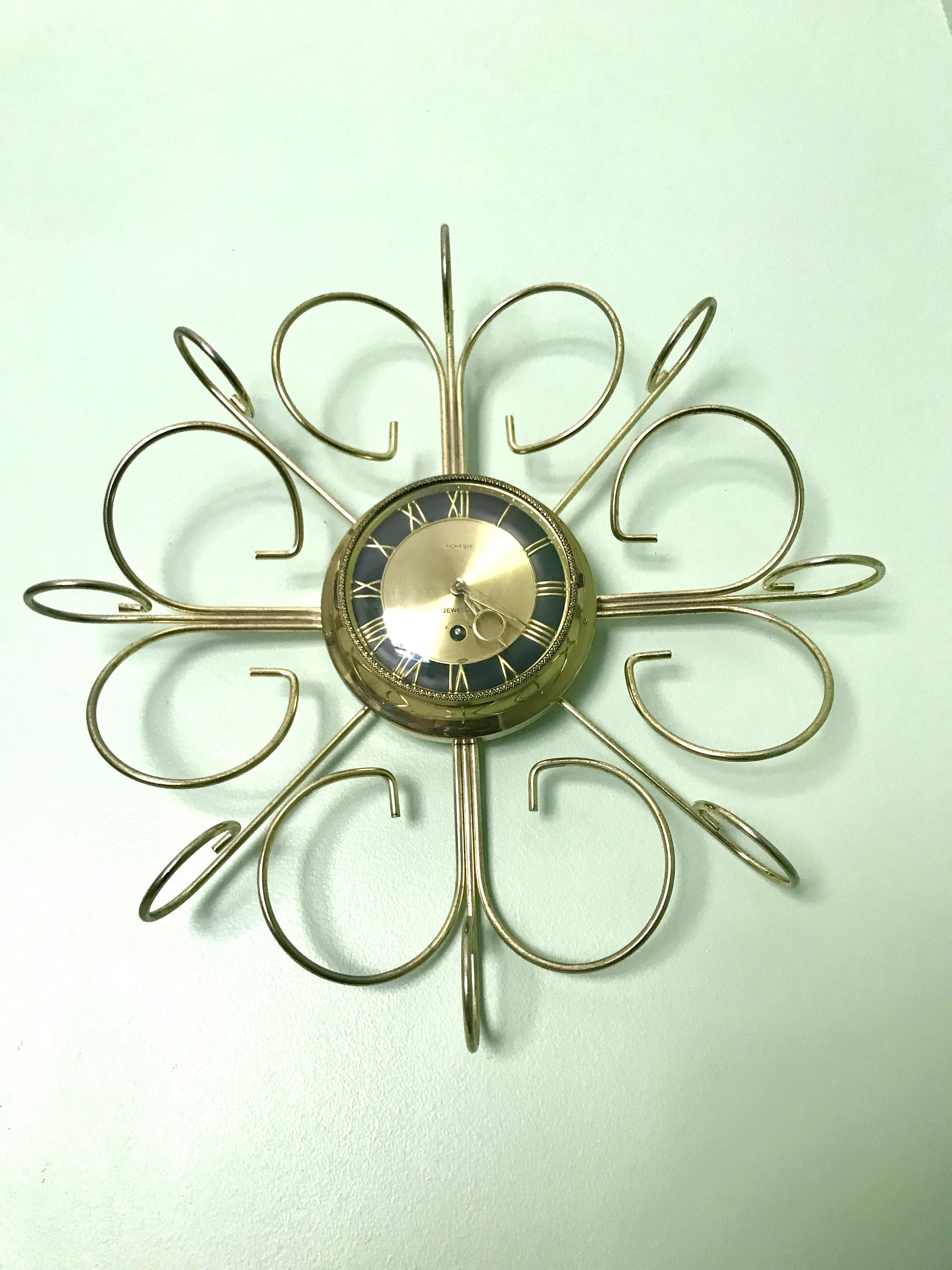 Vtg Retro Starburst Wall Clock | Gold Sunburst Eight Day Wind Up Clock | Mid Century Modern Wall Clock | Brass Retro Modern Wall Clock