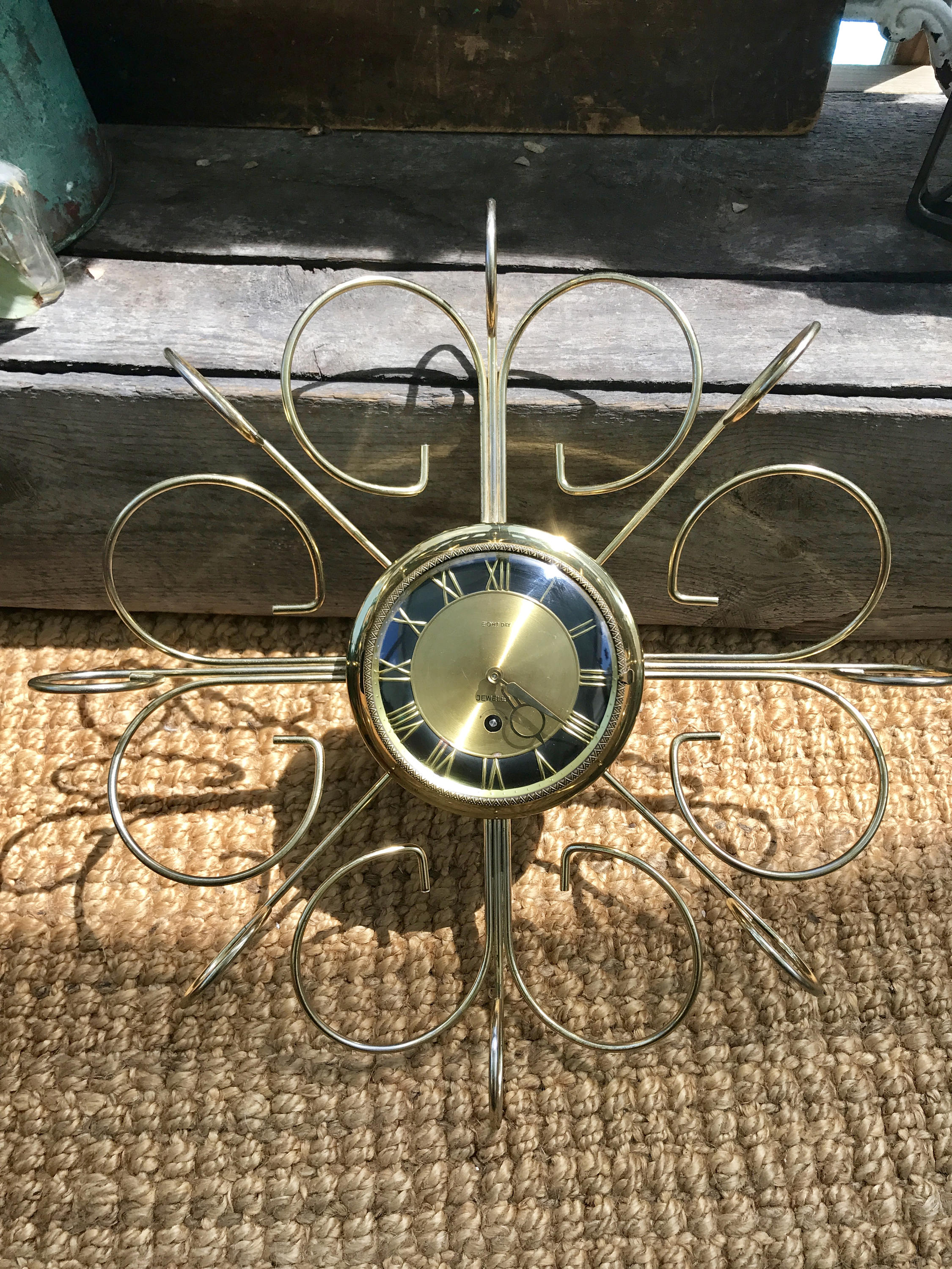 Vtg Retro Starburst Wall Clock | Gold Sunburst Eight Day Wind Up Clock | Mid Century Modern Wall Clock | Brass Retro Modern Wall Clock