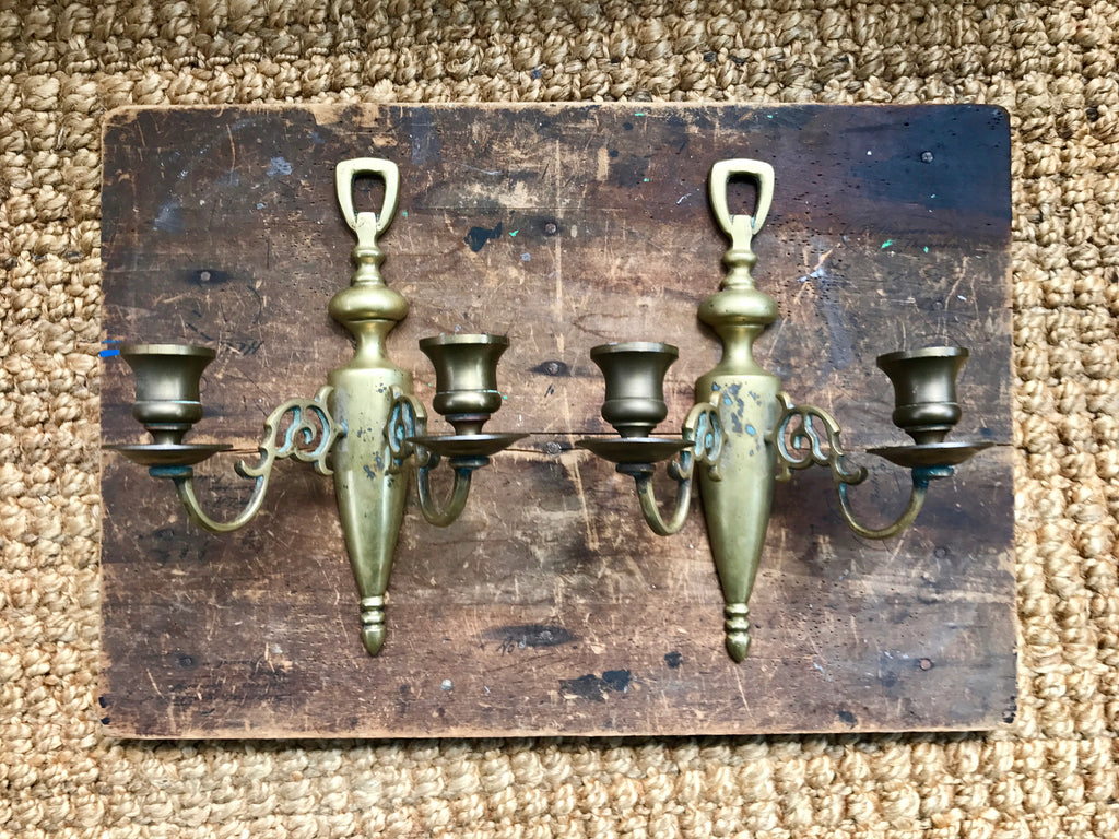 Vtg Pair of Brass Wall Sconce Candle Holders | Rustic Solid Brass Wall Sconce | Ornate Brass Twin Sconces | Brass Patina Decor