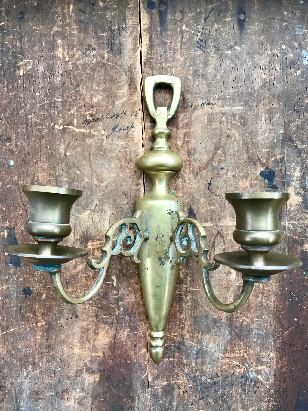 Vtg Pair of Brass Wall Sconce Candle Holders | Rustic Solid Brass Wall Sconce | Ornate Brass Twin Sconces | Brass Patina Decor