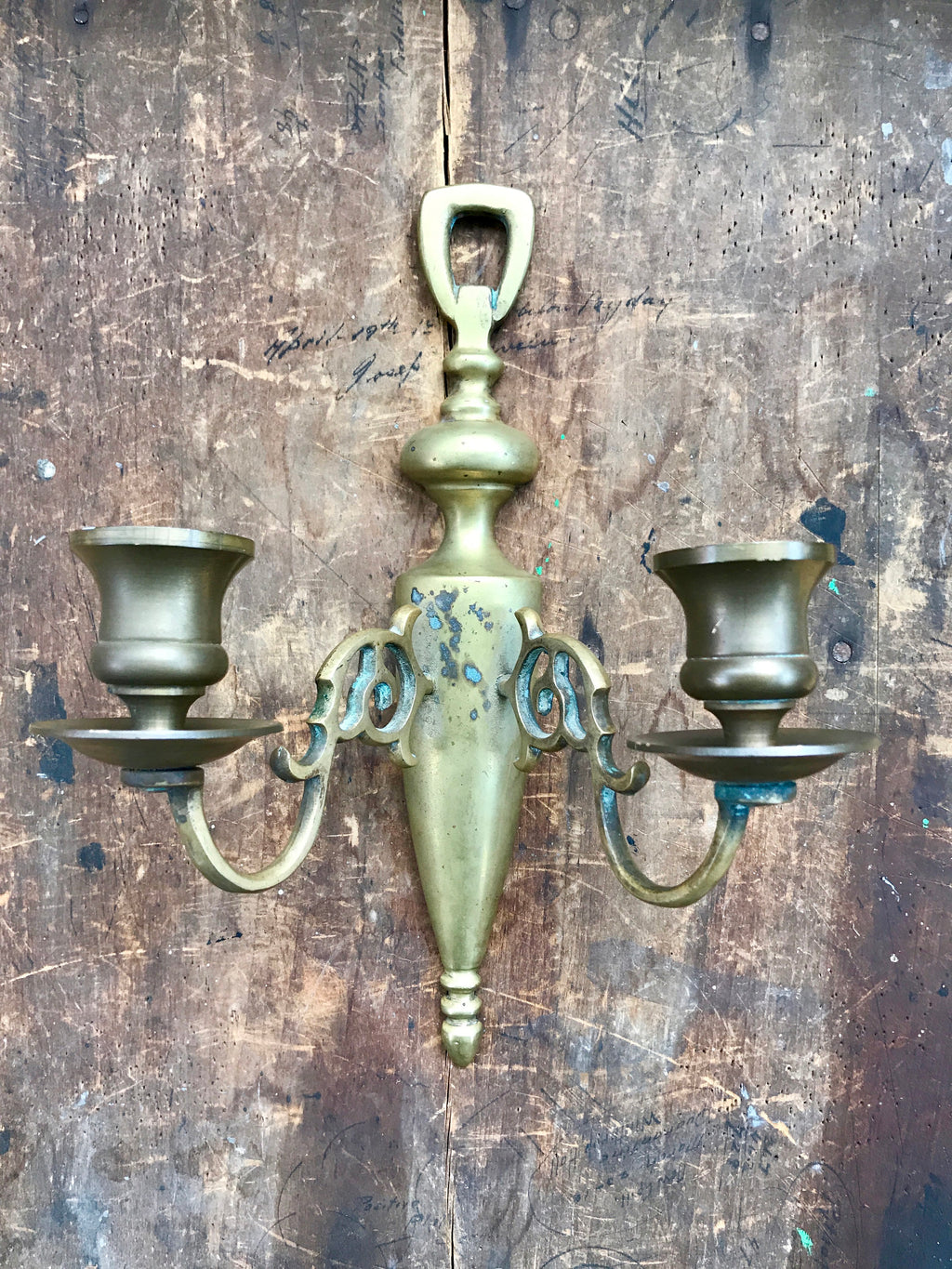 Vtg Pair of Brass Wall Sconce Candle Holders | Rustic Solid Brass Wall Sconce | Ornate Brass Twin Sconces | Brass Patina Decor