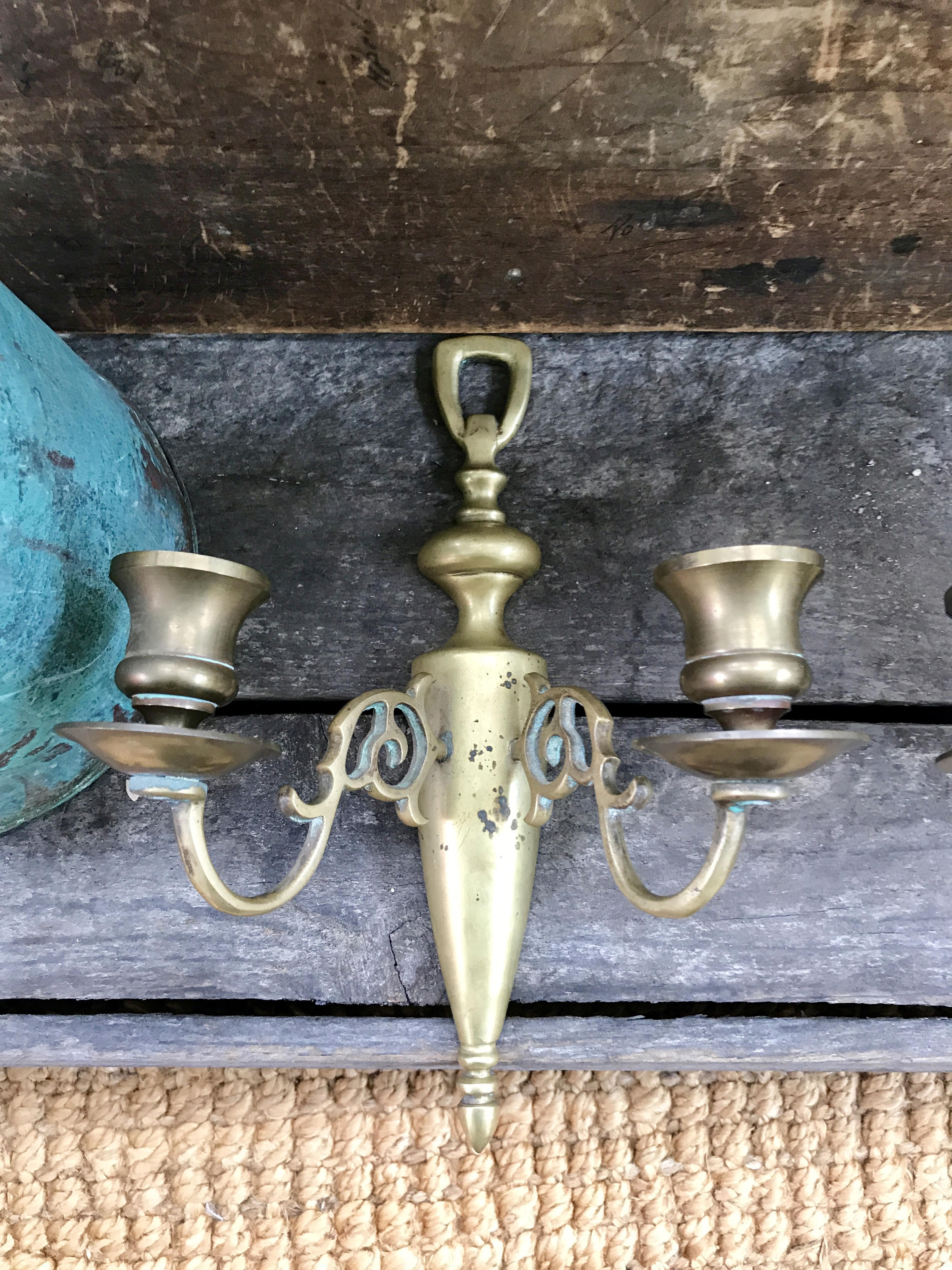 Vtg Pair of Brass Wall Sconce Candle Holders | Rustic Solid Brass Wall Sconce | Ornate Brass Twin Sconces | Brass Patina Decor