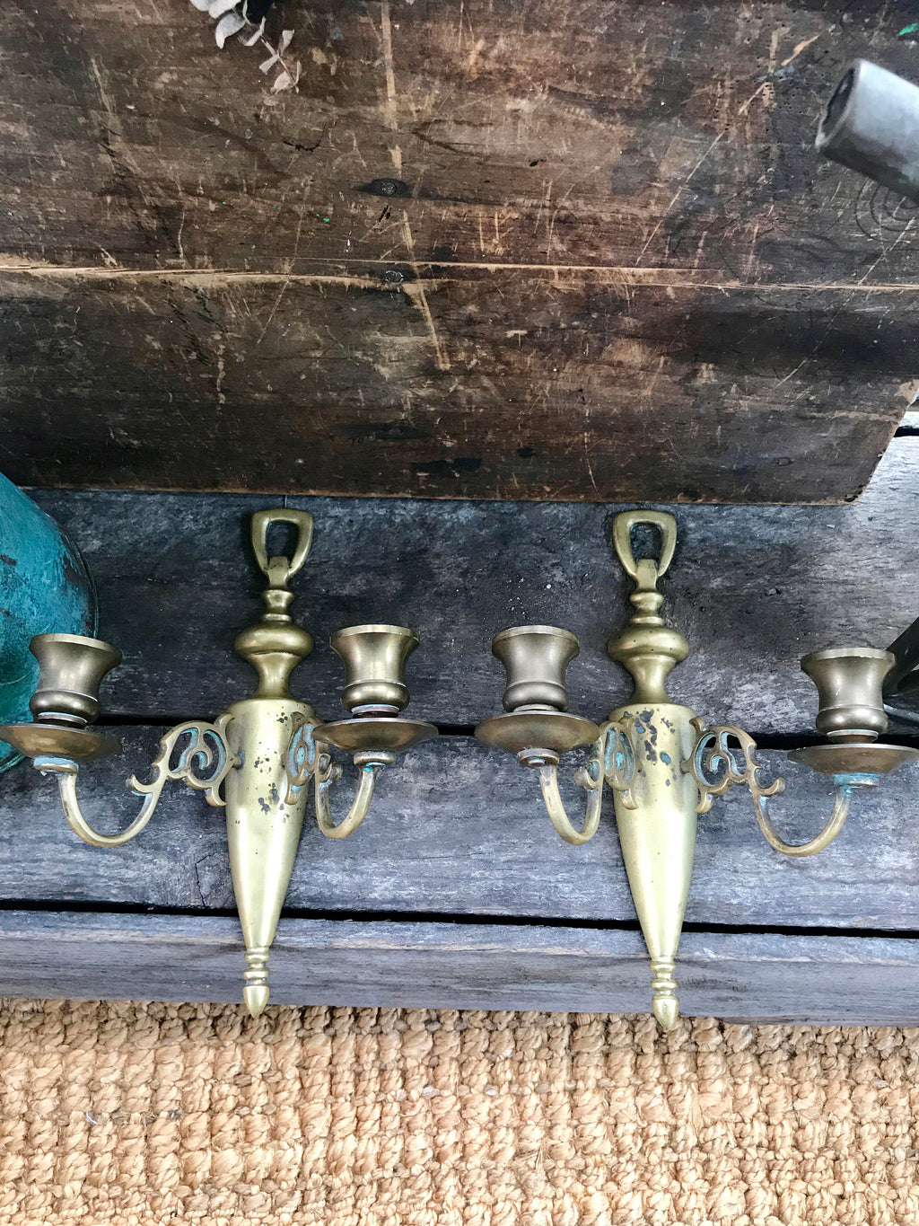Vtg Pair of Brass Wall Sconce Candle Holders | Rustic Solid Brass Wall Sconce | Ornate Brass Twin Sconces | Brass Patina Decor