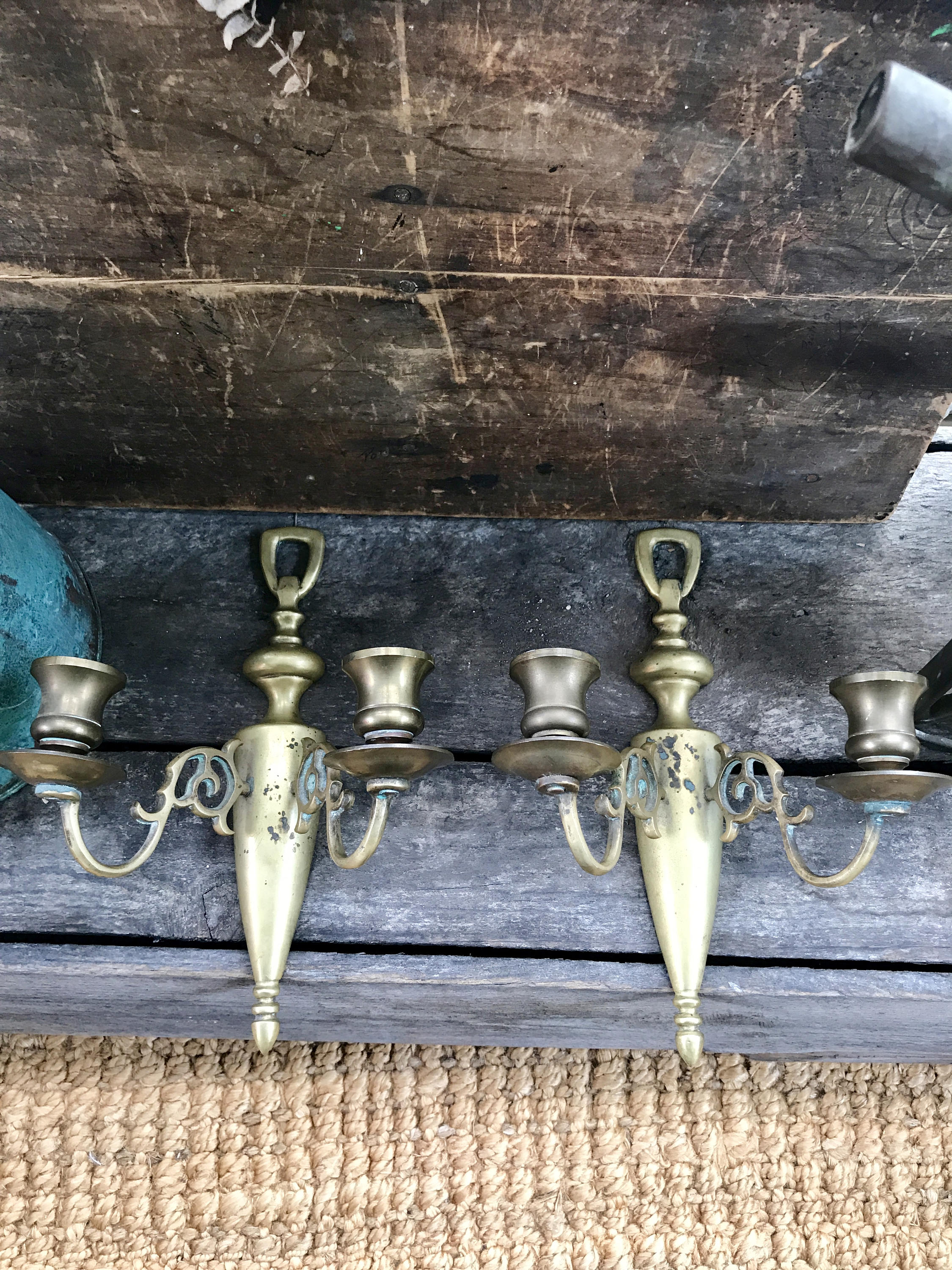 Vtg Pair of Brass Wall Sconce Candle Holders | Rustic Solid Brass Wall Sconce | Ornate Brass Twin Sconces | Brass Patina Decor