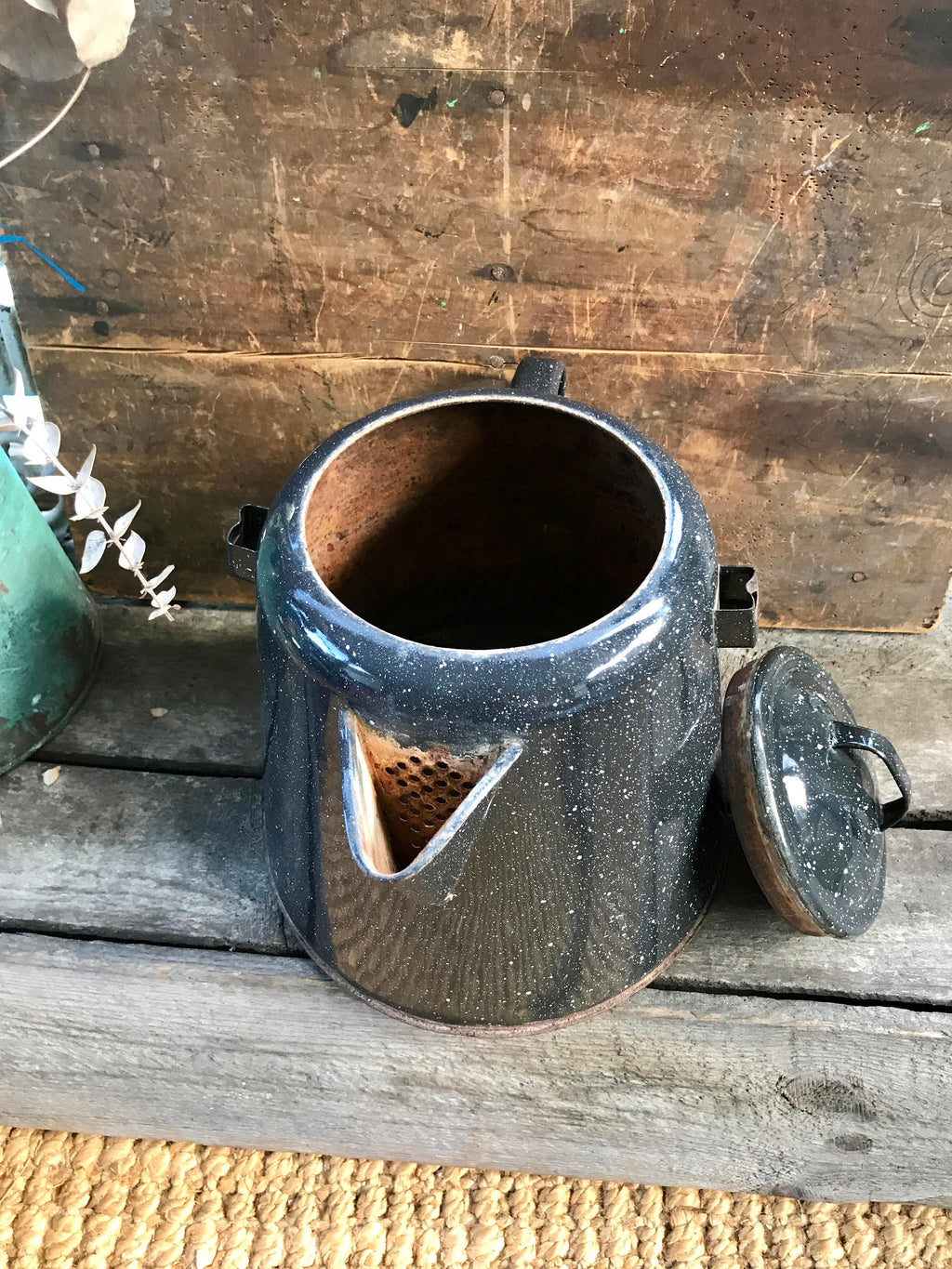 Rustic Graniteware Coffee Pot Planter | Vtg Rustic Plant Holder | Rustic Decor | Farmhouse Decor | Enamelware Planter | Western Decor