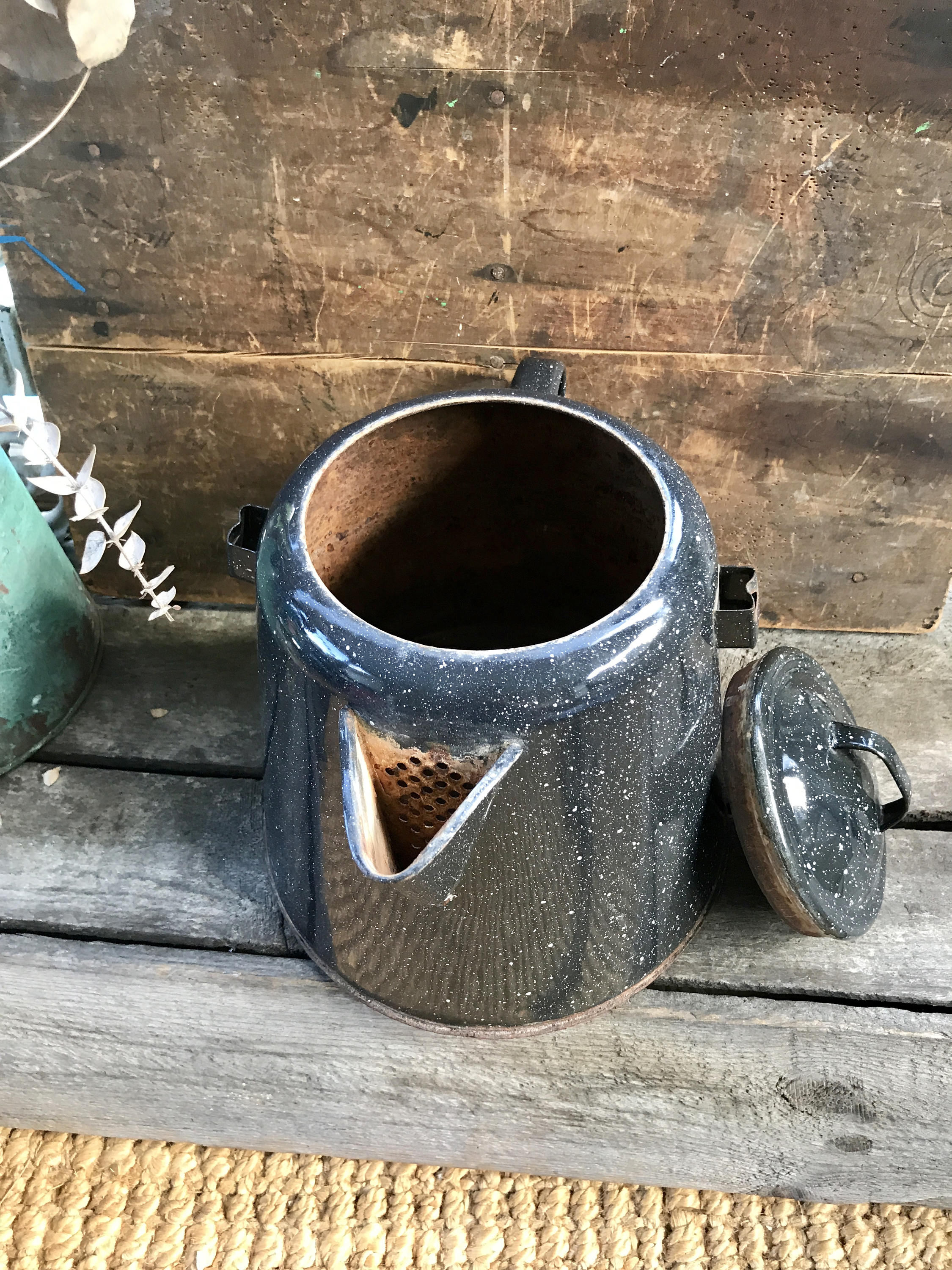 Rustic Graniteware Coffee Pot Planter | Vtg Rustic Plant Holder | Rustic Decor | Farmhouse Decor | Enamelware Planter | Western Decor