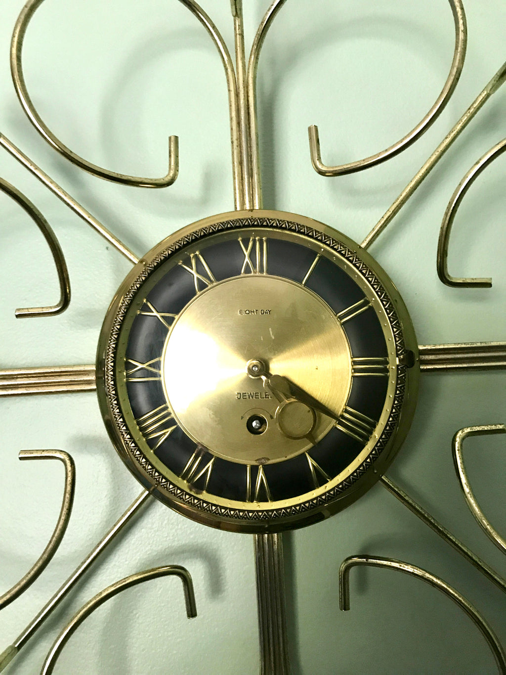 Vtg Retro Starburst Wall Clock | Gold Sunburst Eight Day Wind Up Clock | Mid Century Modern Wall Clock | Brass Retro Modern Wall Clock
