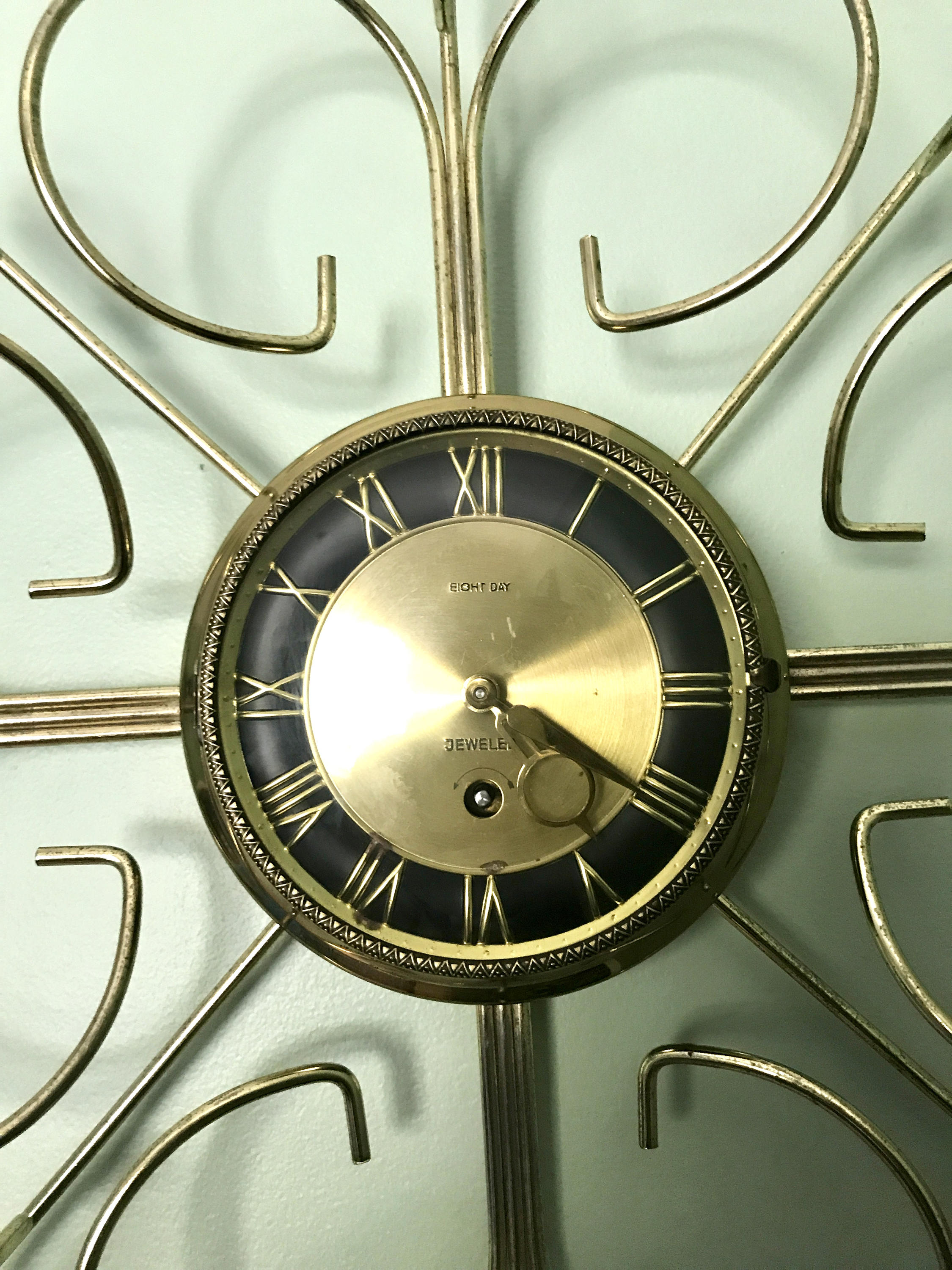 Vtg Retro Starburst Wall Clock | Gold Sunburst Eight Day Wind Up Clock | Mid Century Modern Wall Clock | Brass Retro Modern Wall Clock