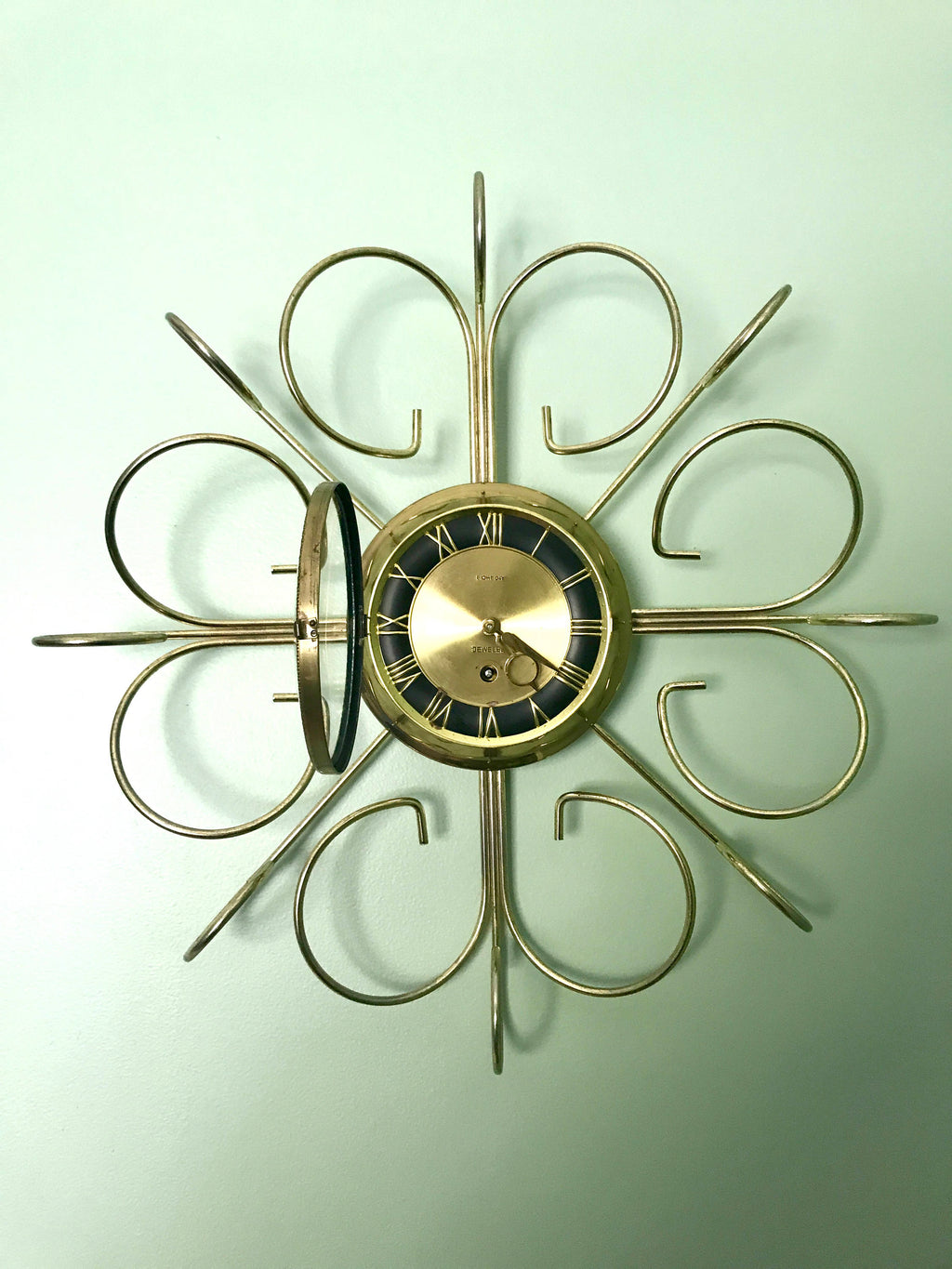 Vtg Retro Starburst Wall Clock | Gold Sunburst Eight Day Wind Up Clock | Mid Century Modern Wall Clock | Brass Retro Modern Wall Clock